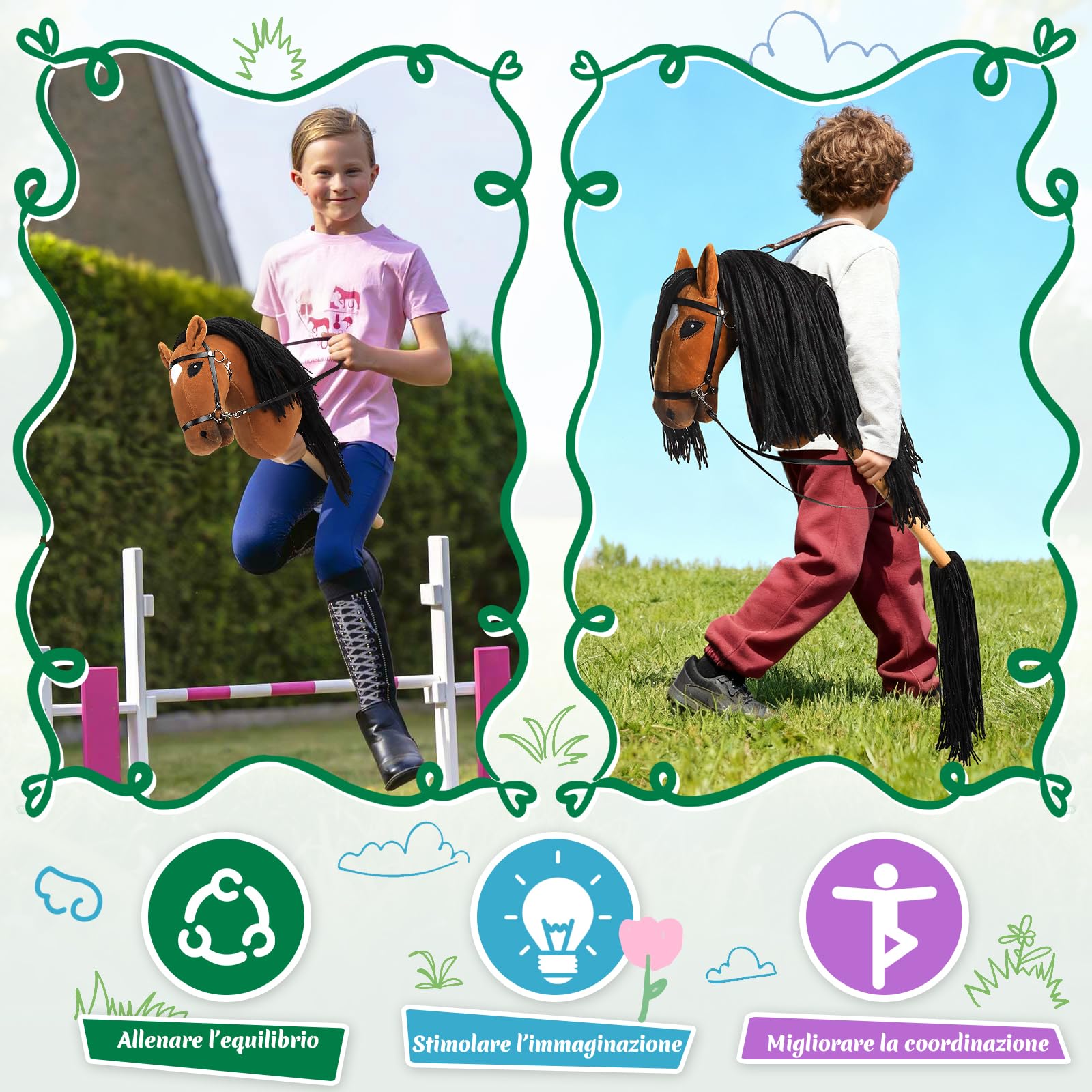 Charmofun Hobby Horse, Cavallo con Bastone per Bambini con Testa A3, Morbido Halter in Peluche, Coda Fluente e Cinghia Regolabile, Ideale per Gioco e Regalo (Marrone)