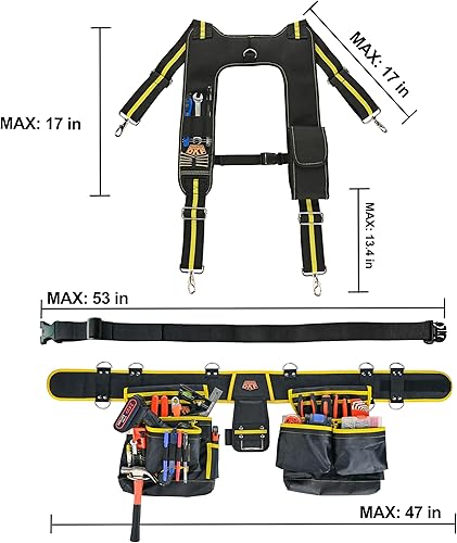 Miniatura 6 de Juego de 6 piezas de cinturón de herramientas resistente con tirantes, almohadilla magnética y bolsa de herramientas de taladro manual para marcos,