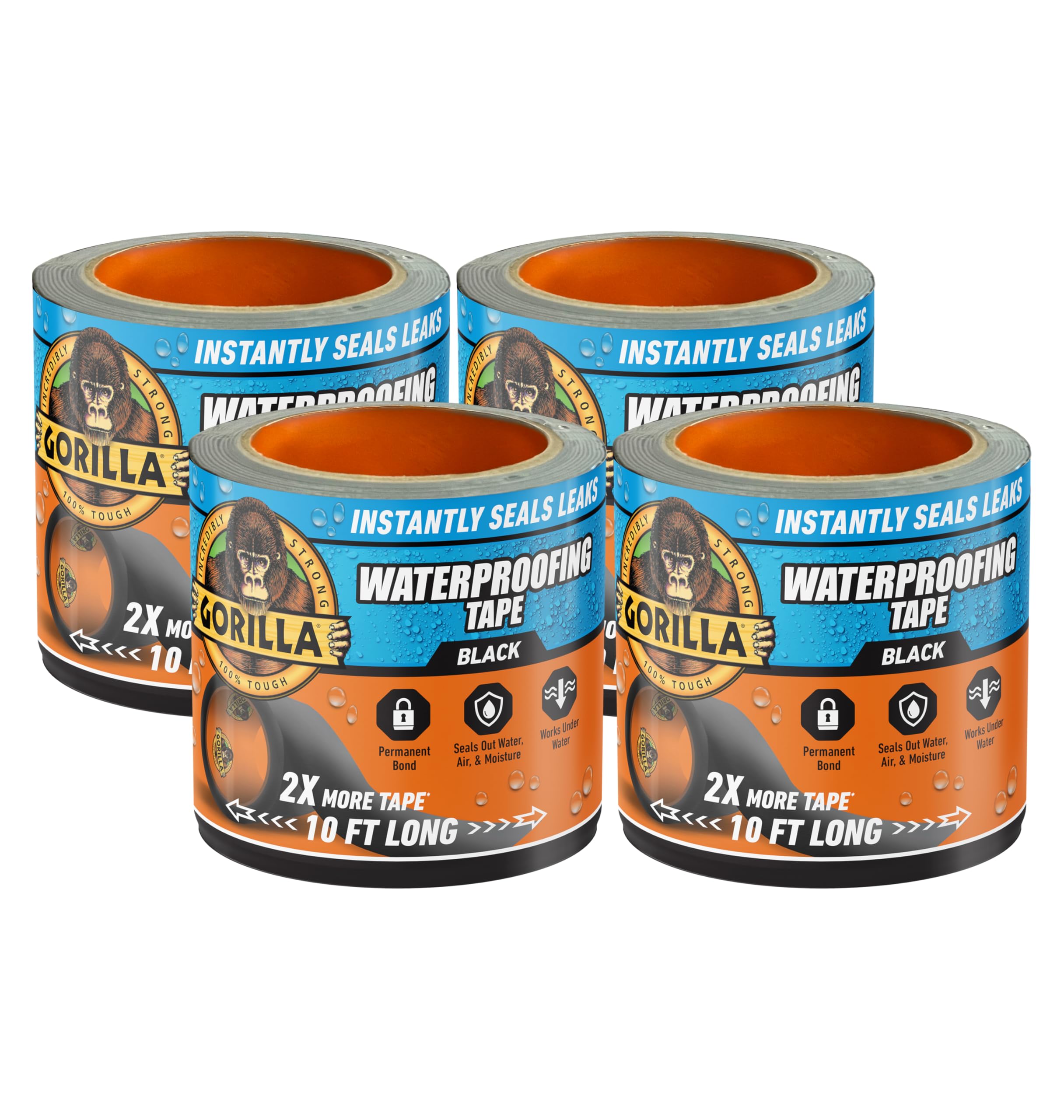 Gorilla Waterproof Patch & Seal Tape 4" X 10' Black, Pack Of 4