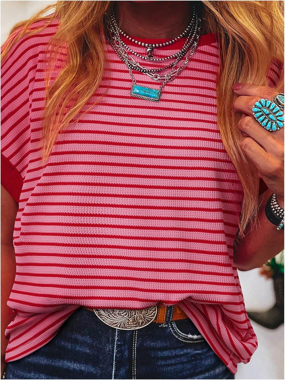 WDIRARA Women's Casual Striped Bat Wing Sleeve Knit T-Shirts Color Block Crew Neck Short Sleeve Tops - Image 4