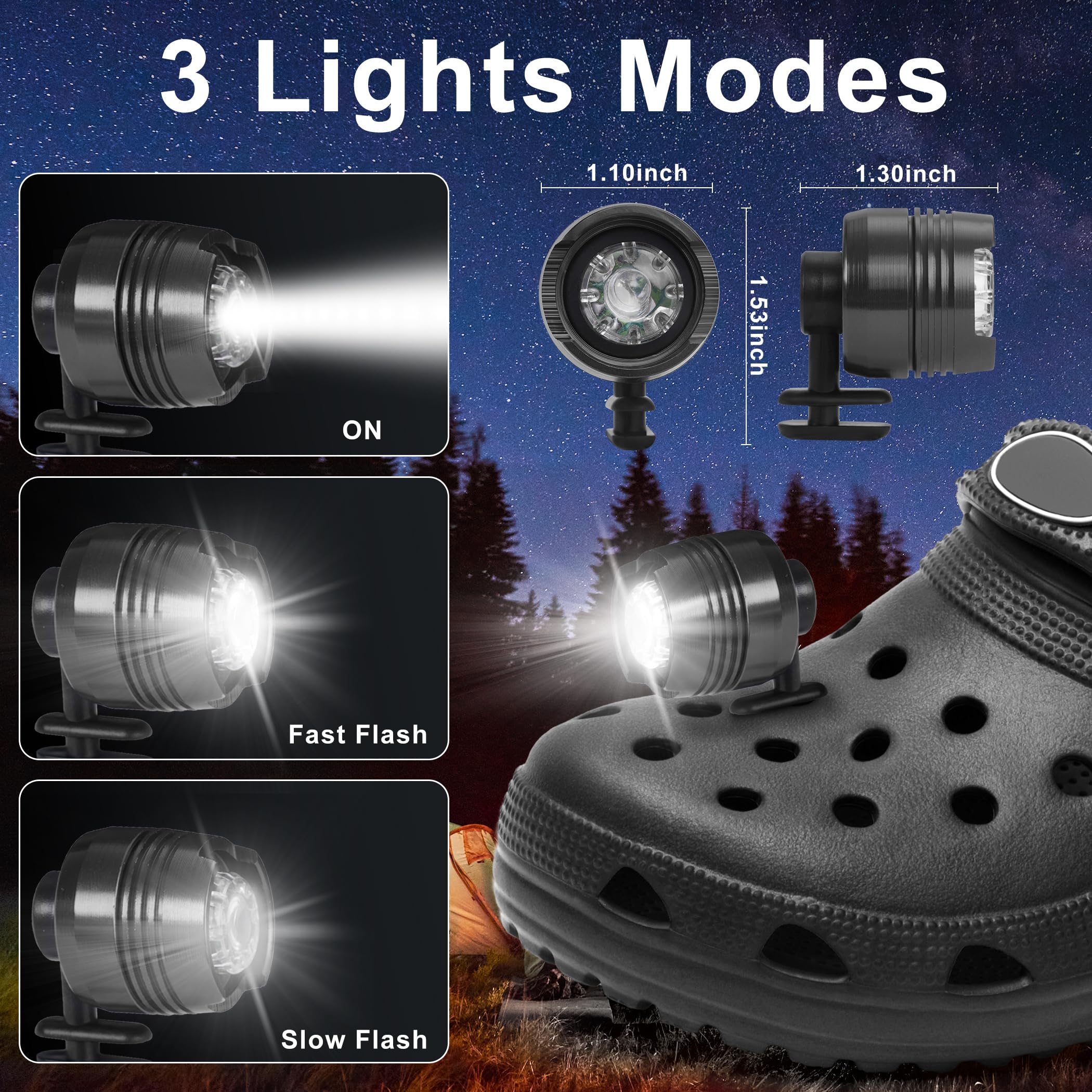 Vagocom 4Pcs Headlights for Croc Shoes LED Torch Light Charms Accessories for Adults and Kids 3 Modes Small Flashlight Headlamp Attachment for Hiking,Camping,Dog Walking(Black) - Image 2