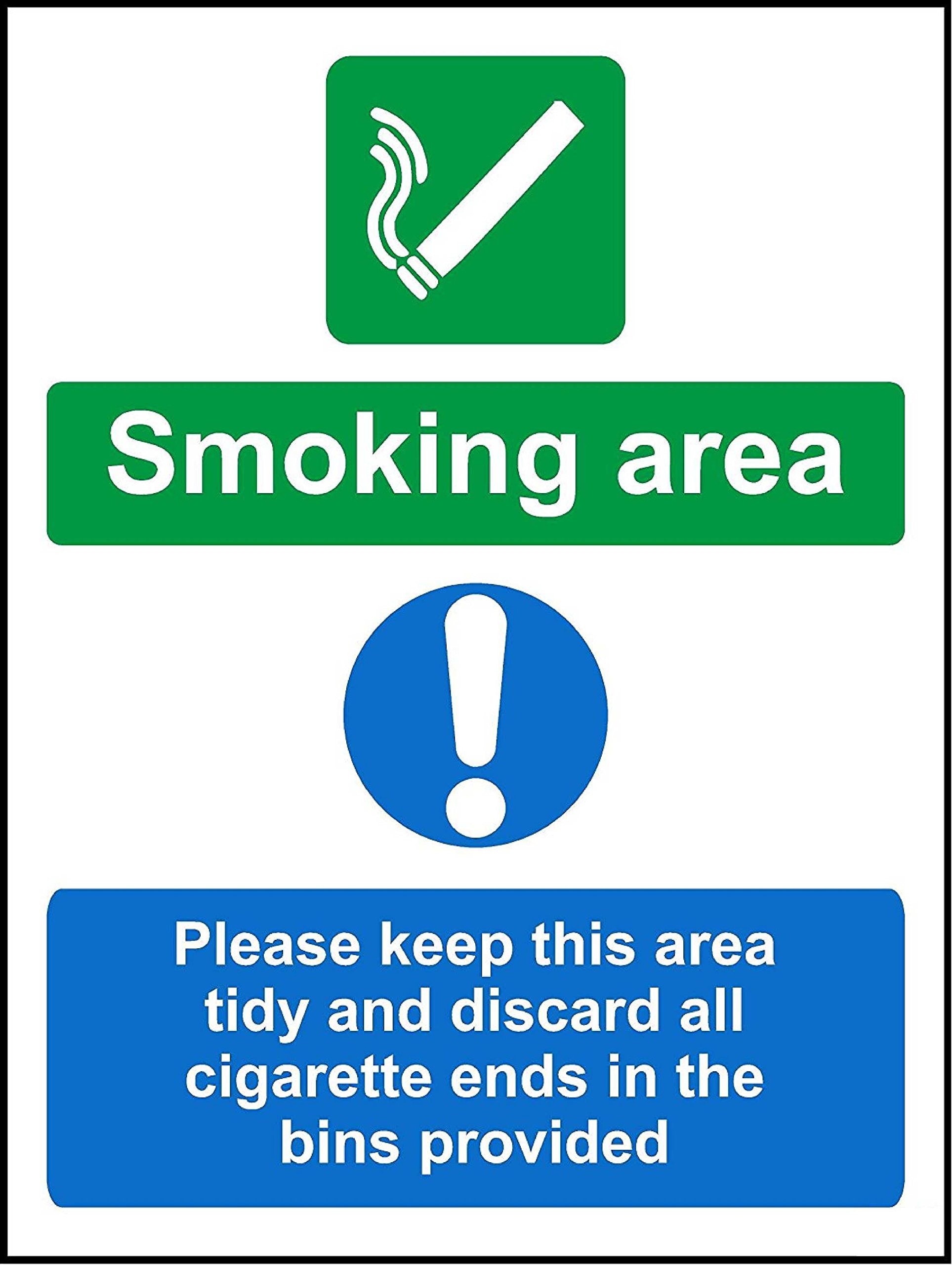 Smoking area Please keep this area tidy and discard all cigarette ends in the bins provided sign - 3mm Aluminium sign 300mm x 200mm