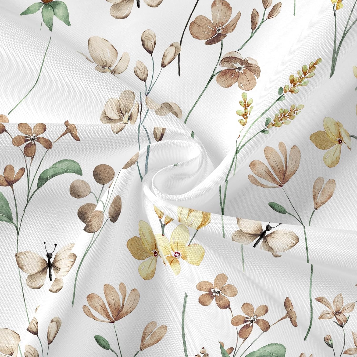 Litabel Watercolor Floral Shower Curtain, Brown Butterfly Flower Shower Curtain for Bathroom, Modern Minimalist White Waterproof Fabric Shower Curtain Set, 72x72 Inch