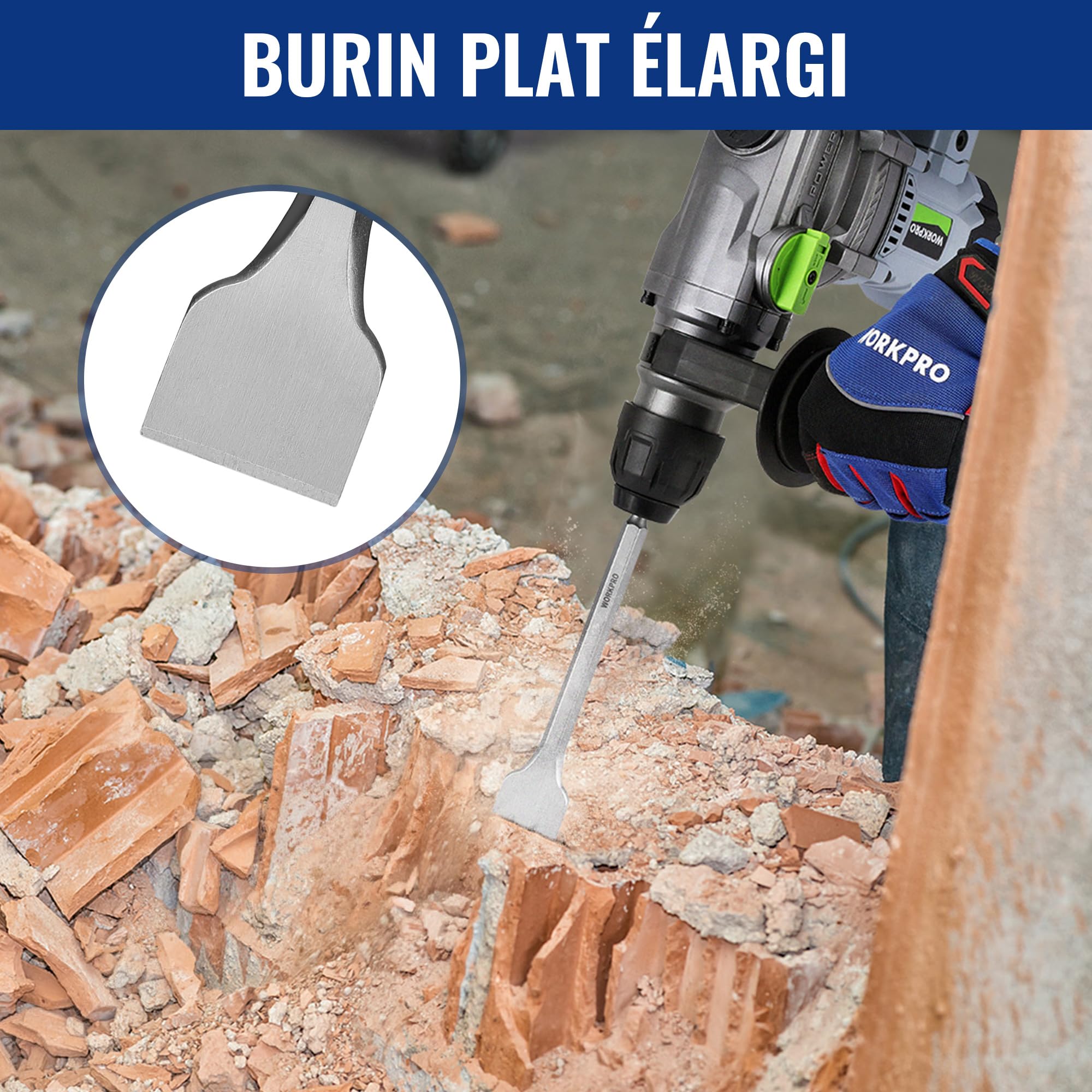 WORKPRO Jeu de Forets et Burins SDS Plus 17 Pièces, Forets à Béton avec Burins Pointus et Plats pour Maçonnerie