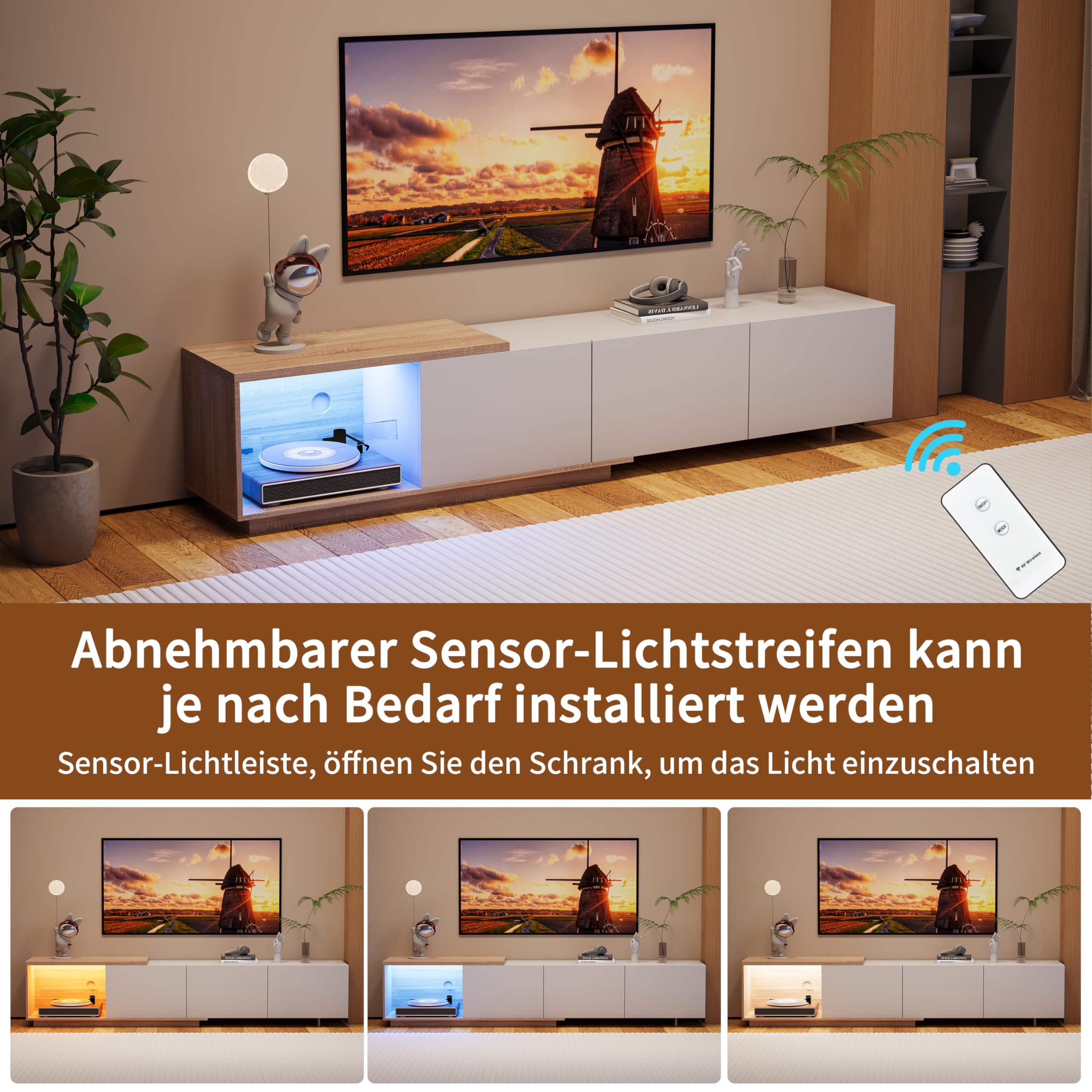 Szafka pod telewizor LED 240 cm, szafka pod telewizor, ławka telewizyjna, meble do salonu, nowoczesna drewniana ławka telewizyjna z 3 szufladami, niska szafka do salonu, meble do salonu (biały-2)