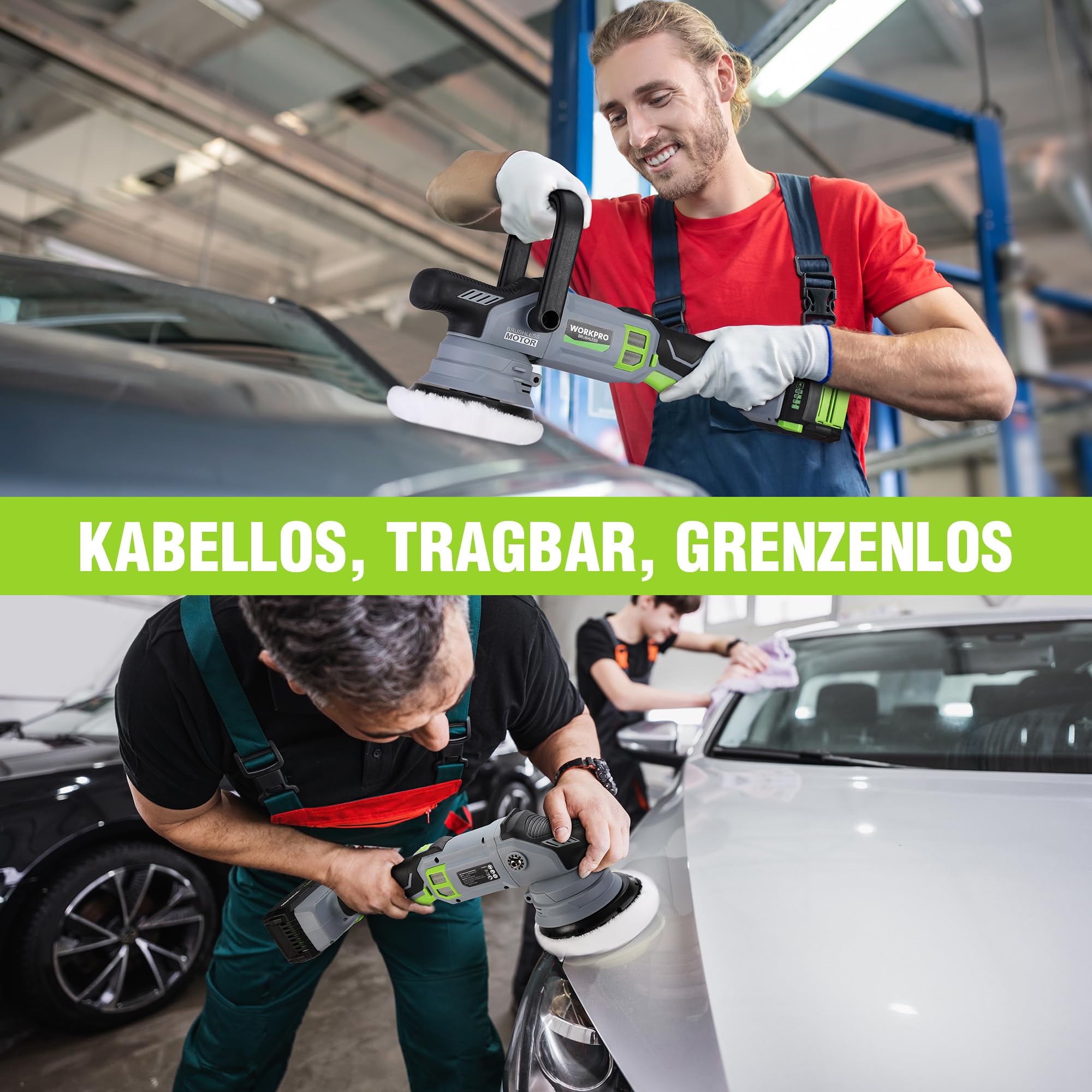 WORKPRO 20V Akku Poliermaschine, Auto Poliermaschine Polierer Kabellos mit 7 Geschwindigkeiten (2000-5000 RPM), 1 x 4,0Ah Batterie, Doppelter Wirkung, Mit Aufbewahrungstasche, Für Auto, Böden, Fliesen