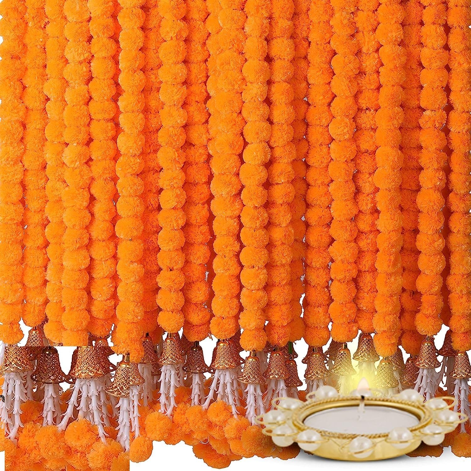 HOME BUY Artificial Orange Flowers For Decoration Garland With Bell For Diwali & Festivals Christmas, Navratri, Holi,Janmashtami | 5 Feet Long 5 Pcs With 1 Diya (Orange), 5 Centimeters