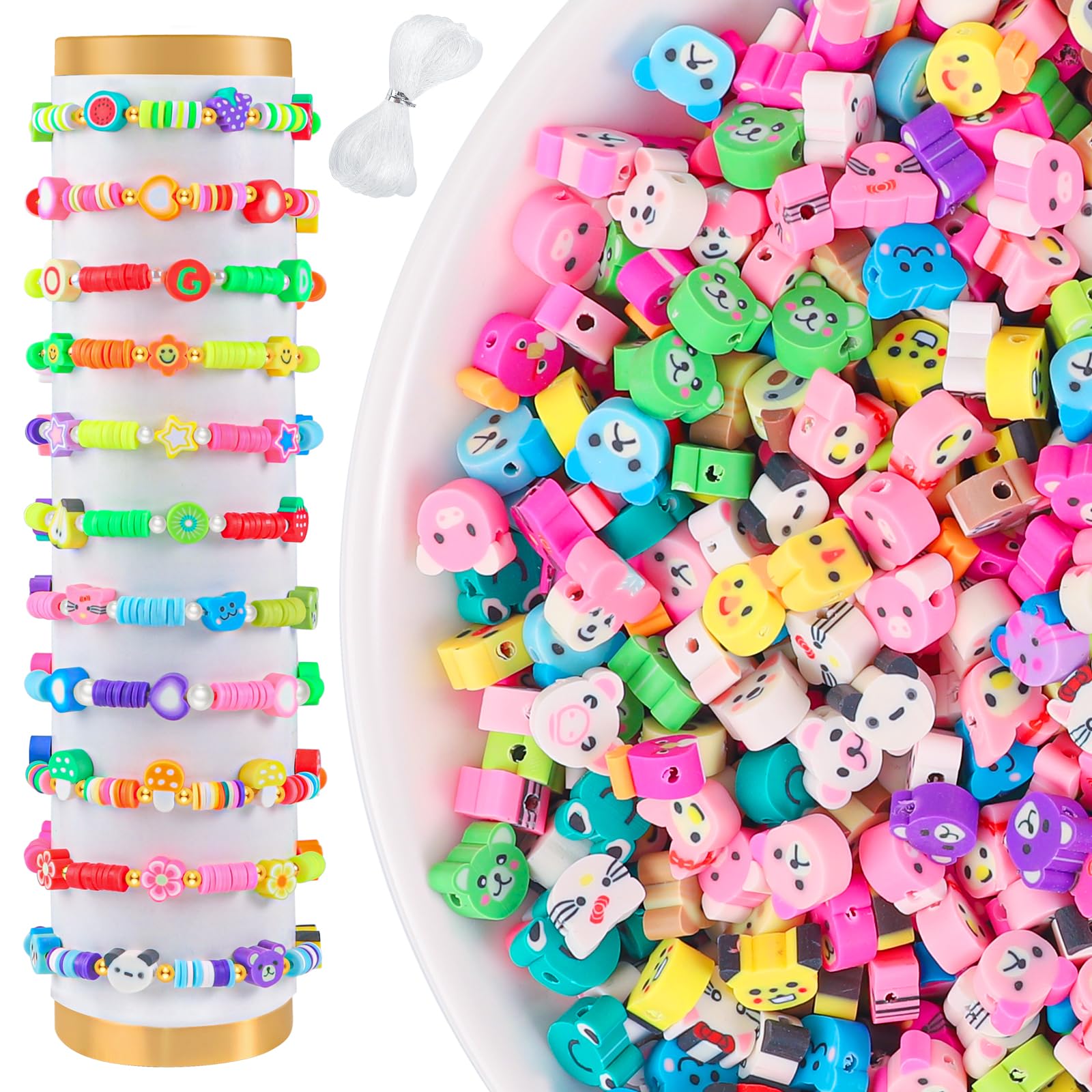 200 Pcs Animal Clay Beads Charms for Bracelet Making Kit, Cute Flat Polymer Heishi Spacer Animal Beads for Jewelry Necklace Earring Making