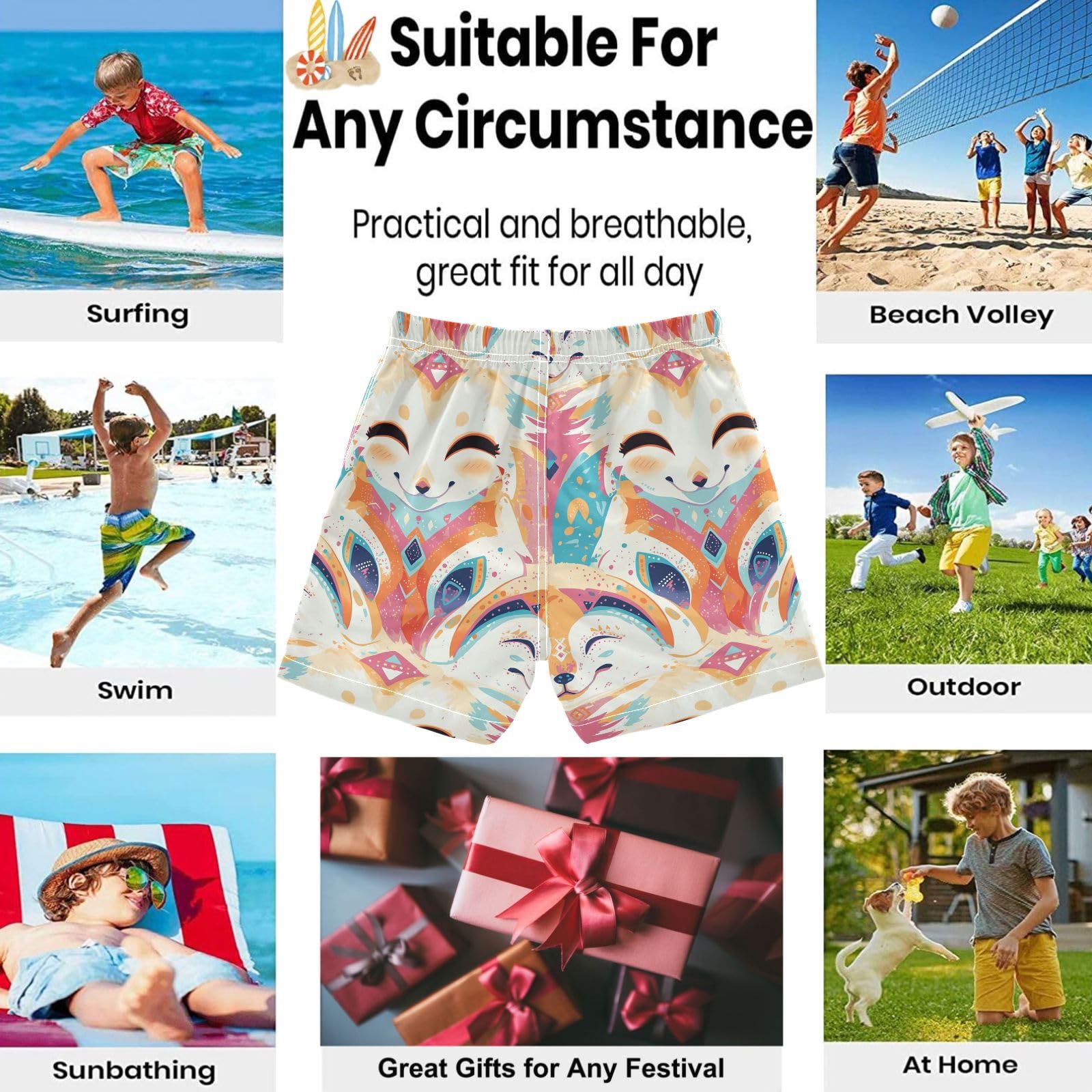 visesunny Summer Boy's Beach Shorts Shy Corsac Fox Quick Dry Swim Trunks Baby Boy Bathing Suit with Pockets M Multi