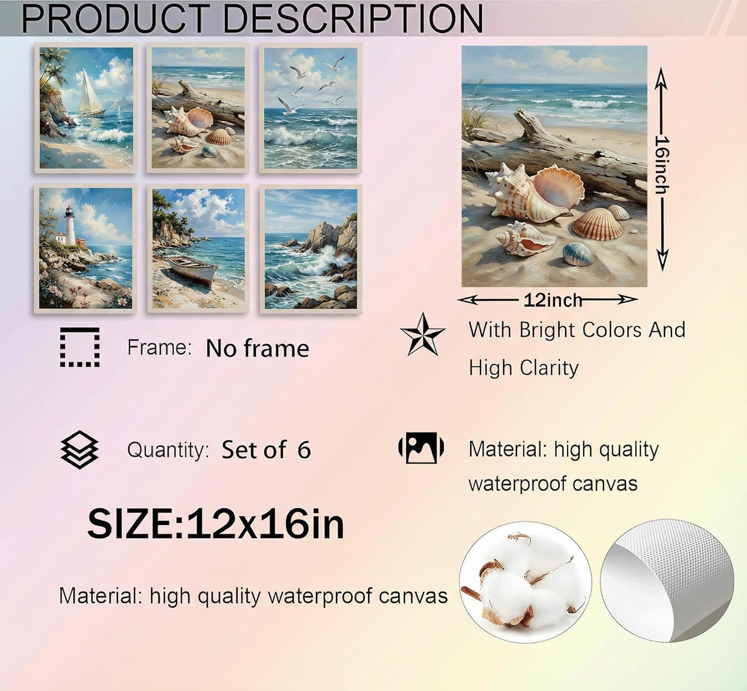 6PCS Coastal Canvas Wall Art Ocean Beach Scenery Posters Prints Lighthouse Sailboat Seashells Seagulls Pictures Wall Decor for Bathroom Bedroom Living Room Unframed
