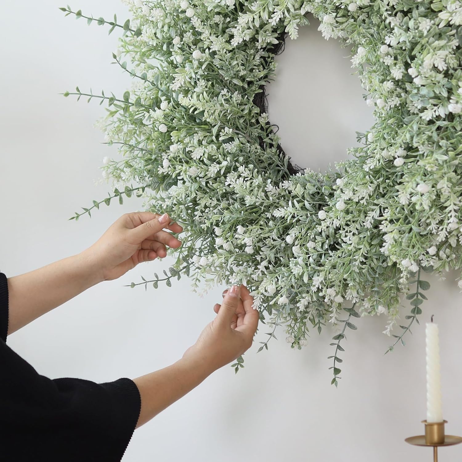 26'' Large Eucalyptus Wreath for Front Door, Porch- Artificial Eucalyptus and Lavender with Babys Breath Flowers Wreath for Home, Farmhouse Wall Decor- Spring, Summer, Fall, All Seasons (White-Green) - Image 4