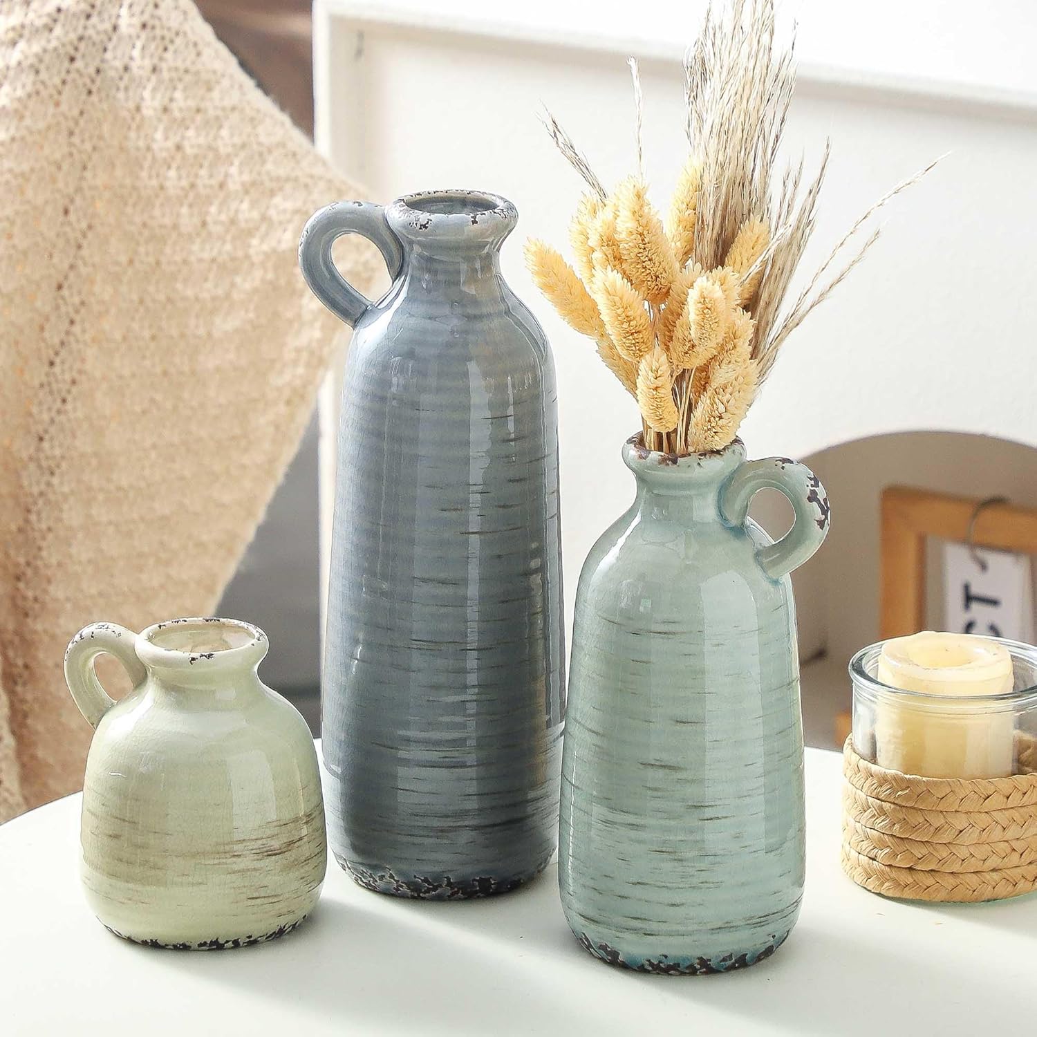 Ceramic Vase Set of 3 | Neutral Vase Home Decor with Handle | Pottery Modern Farmhouse Vases Pampas Grass Flower Vases for Home Decor Table Living Room Centerpieces Mantel Decor - Multicolor - Image 7