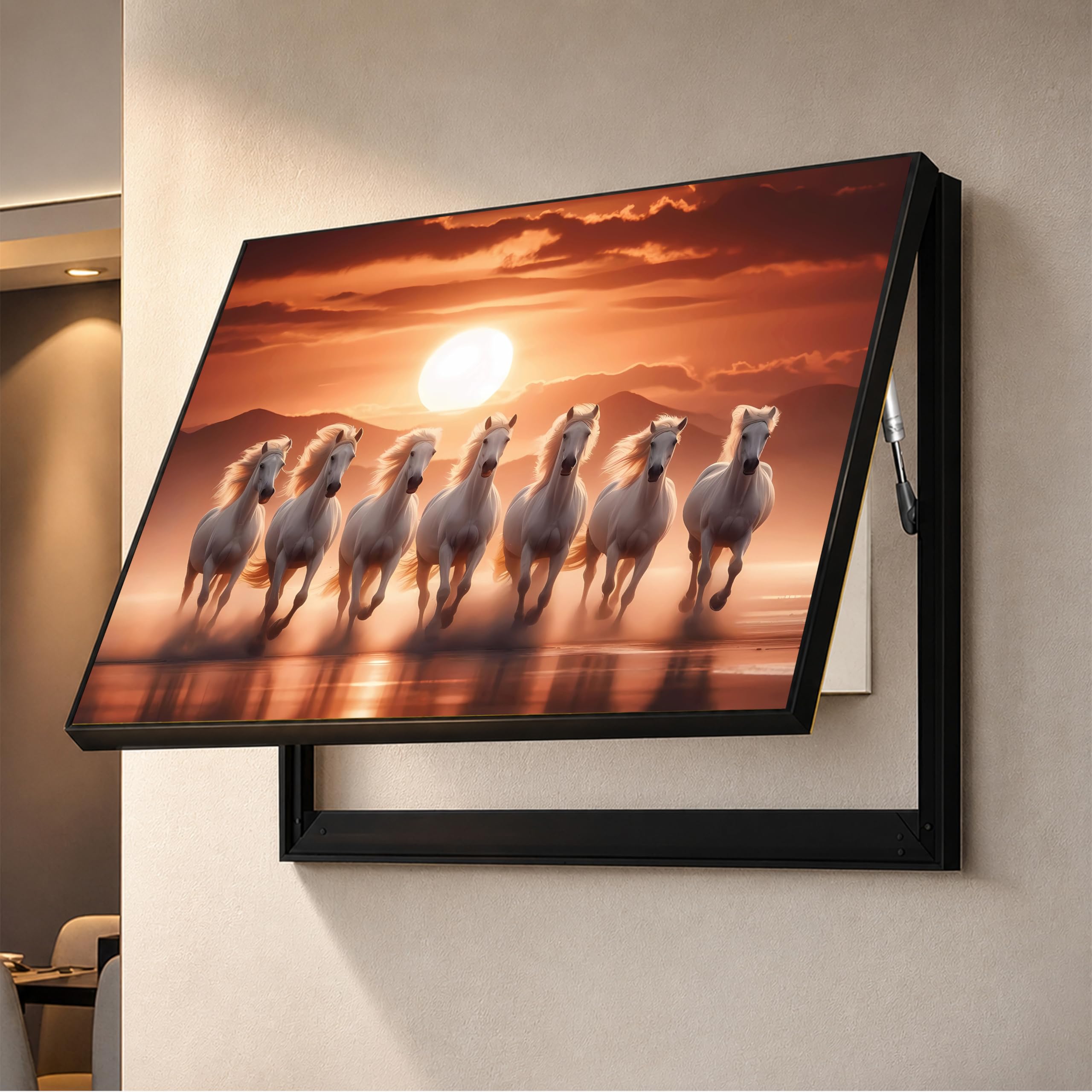 Electric MCB Box Cover Frame With Hydraulic Decorative White 7 Running Horse Painting Electrical Panel box Cover, Switch Box Frame Will Fit Max 15x20 inch Switch Board, Outer Box Size 17X23 Inch-image-12