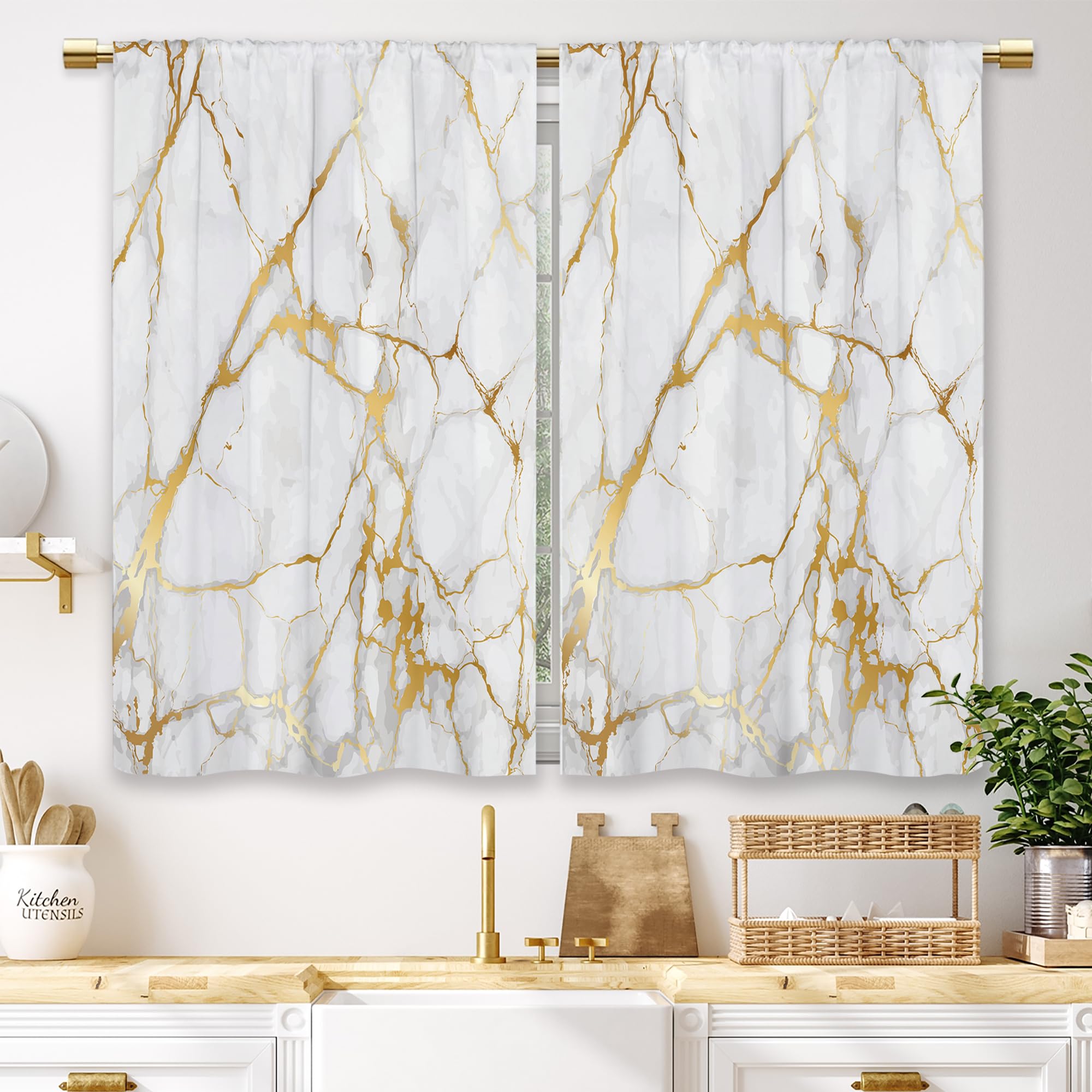 Laifzere Gold Marble Kitchen Curtains Golden Luxury Abstract Small Short Cafe Window Curtains White Modern Texture ink Rod Pocket Bathroom Window