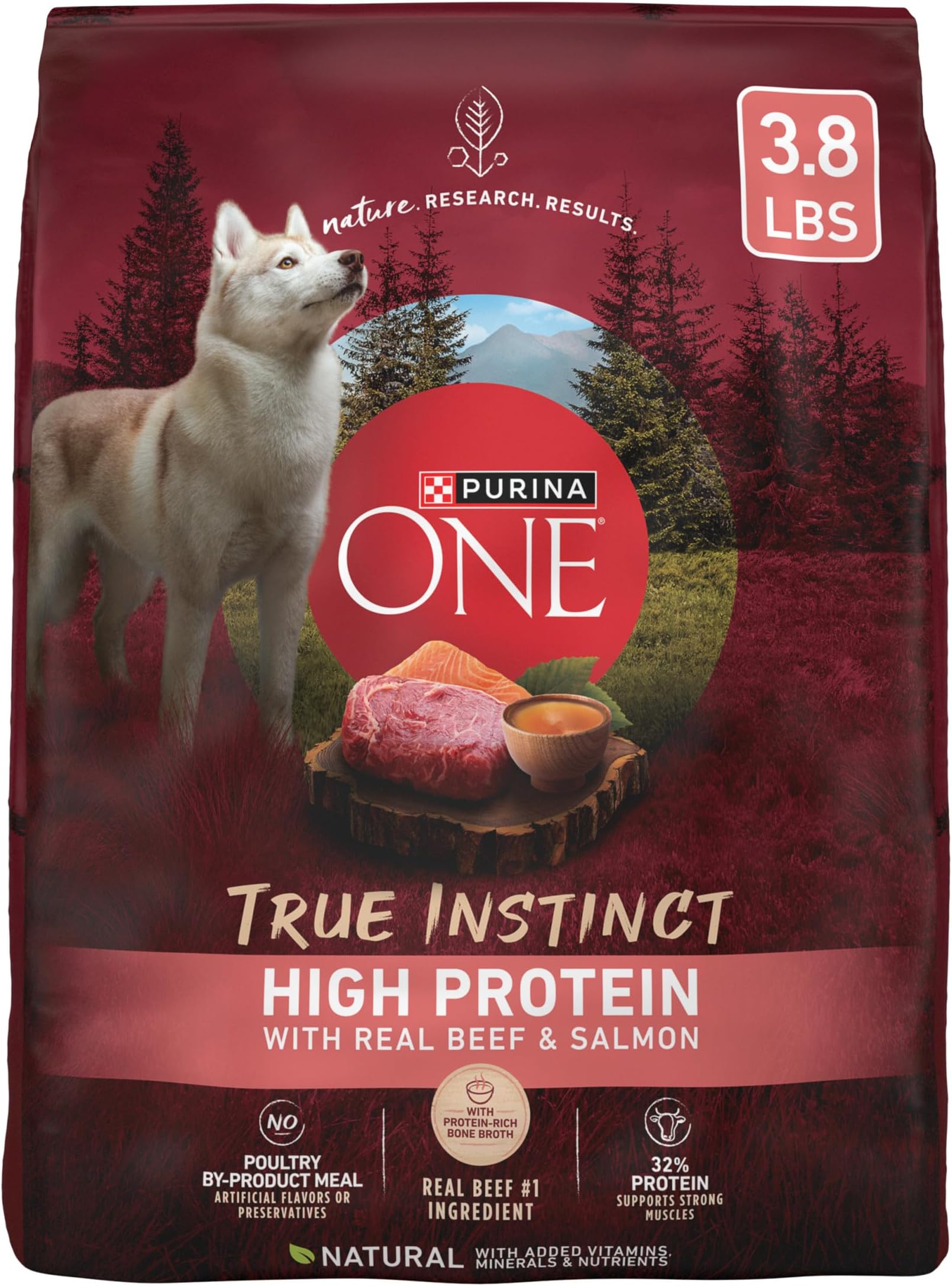 Purina ONE Natural High Protein Dry Dog Food Dry True Instinct with Real Beef and Salmon With Bone Broth and Added Vitamins, Minerals and Nutrients - (Pack of 4) 3.8 lb. Bags