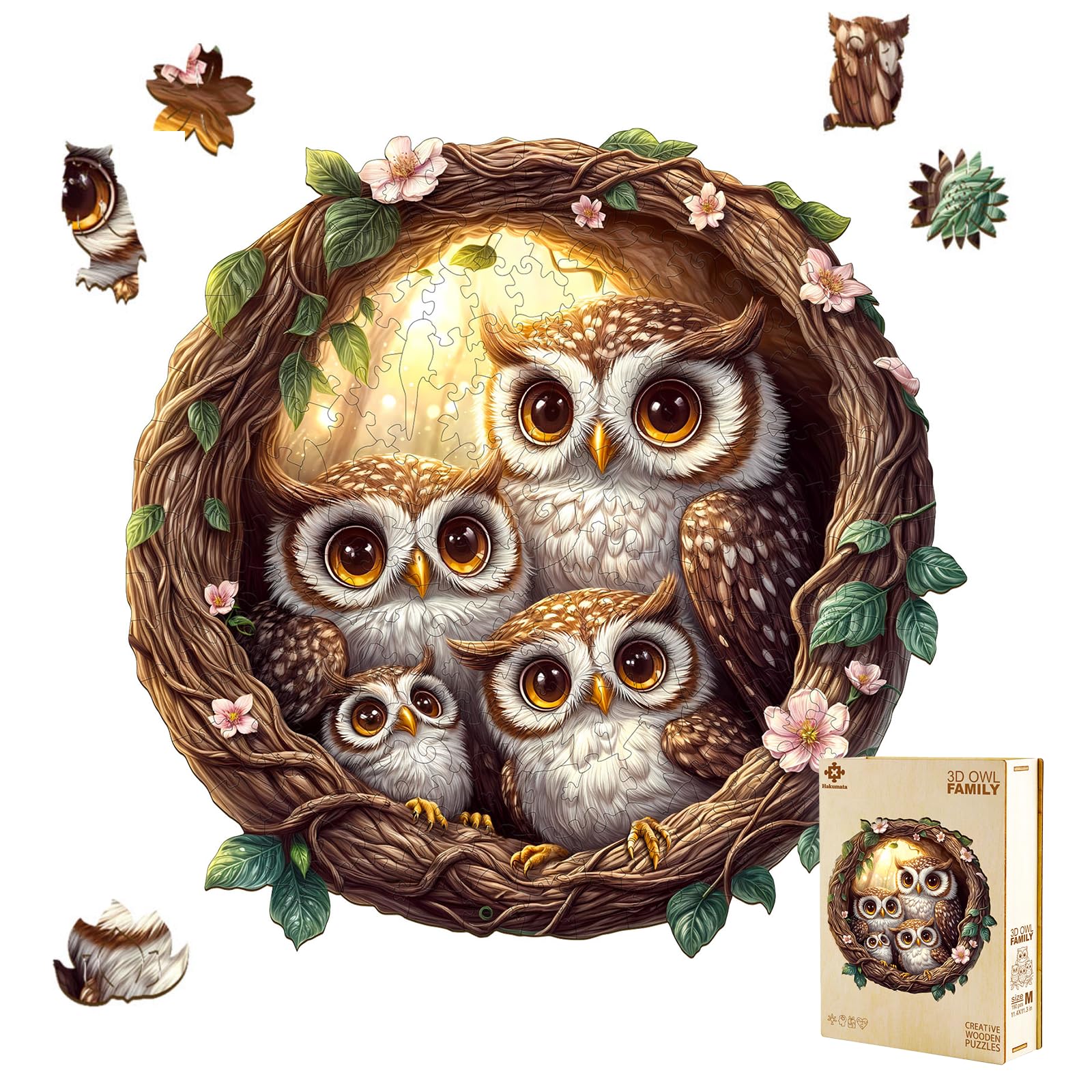 Wooden Jigsaw Puzzle for Adults and Children, 3D owl Family Unique Circular Wooden Puzzle for Adults with Wooden Gift Box (M-190pcs)