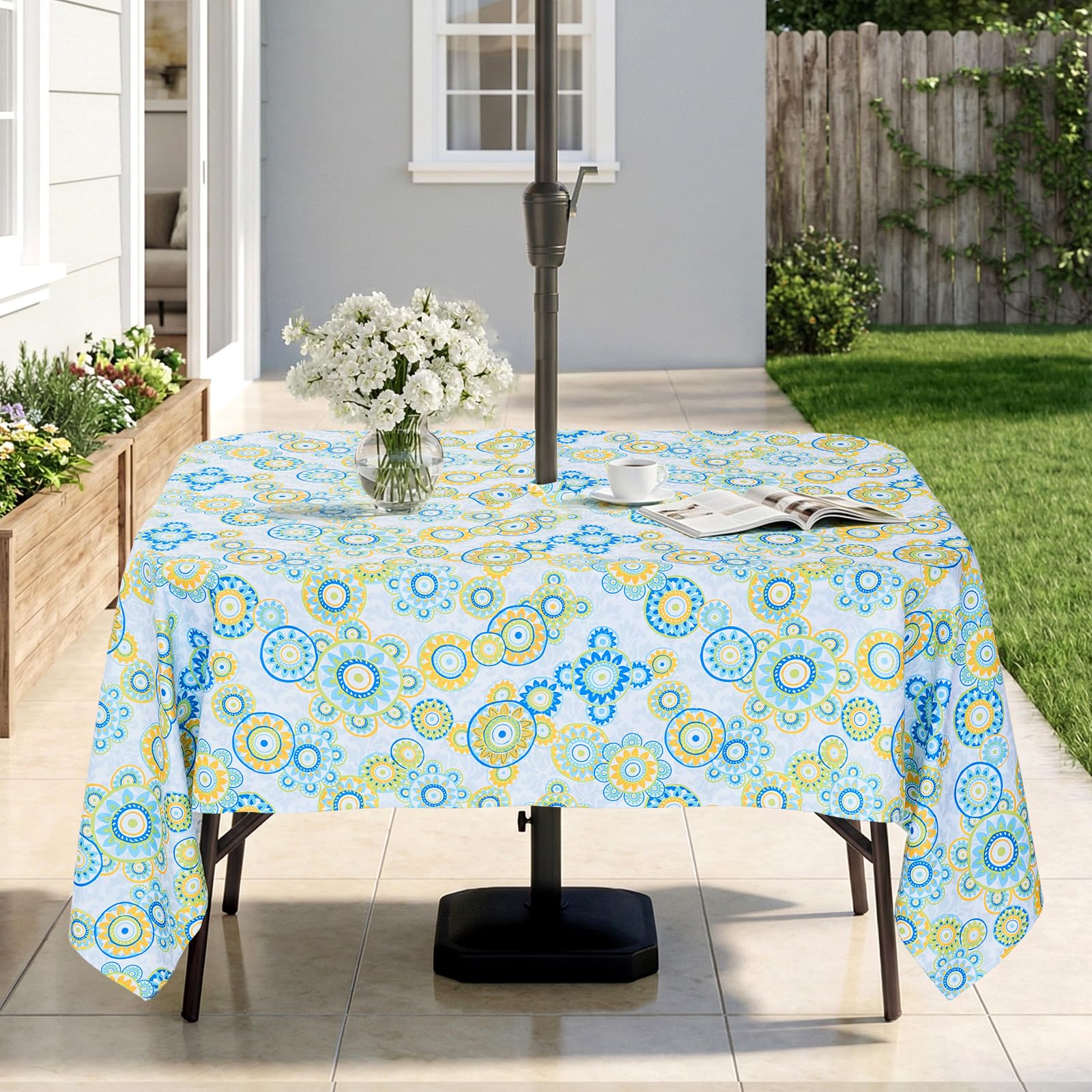 Eternal Beauty 60''X104” Rectangle Tablecloth Waterproof Outdoor Tablecloth with Umbrella Hole Zipper for Patio Spring Summer Picnic Tables (Floral Circle)