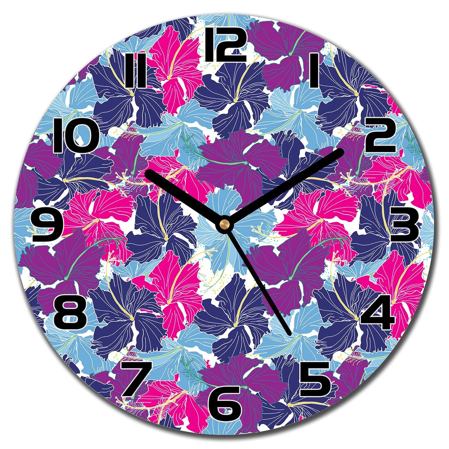 Horloge en verre 30 cm Coloray avec aiguilles noires et motif hibiscus pour salon