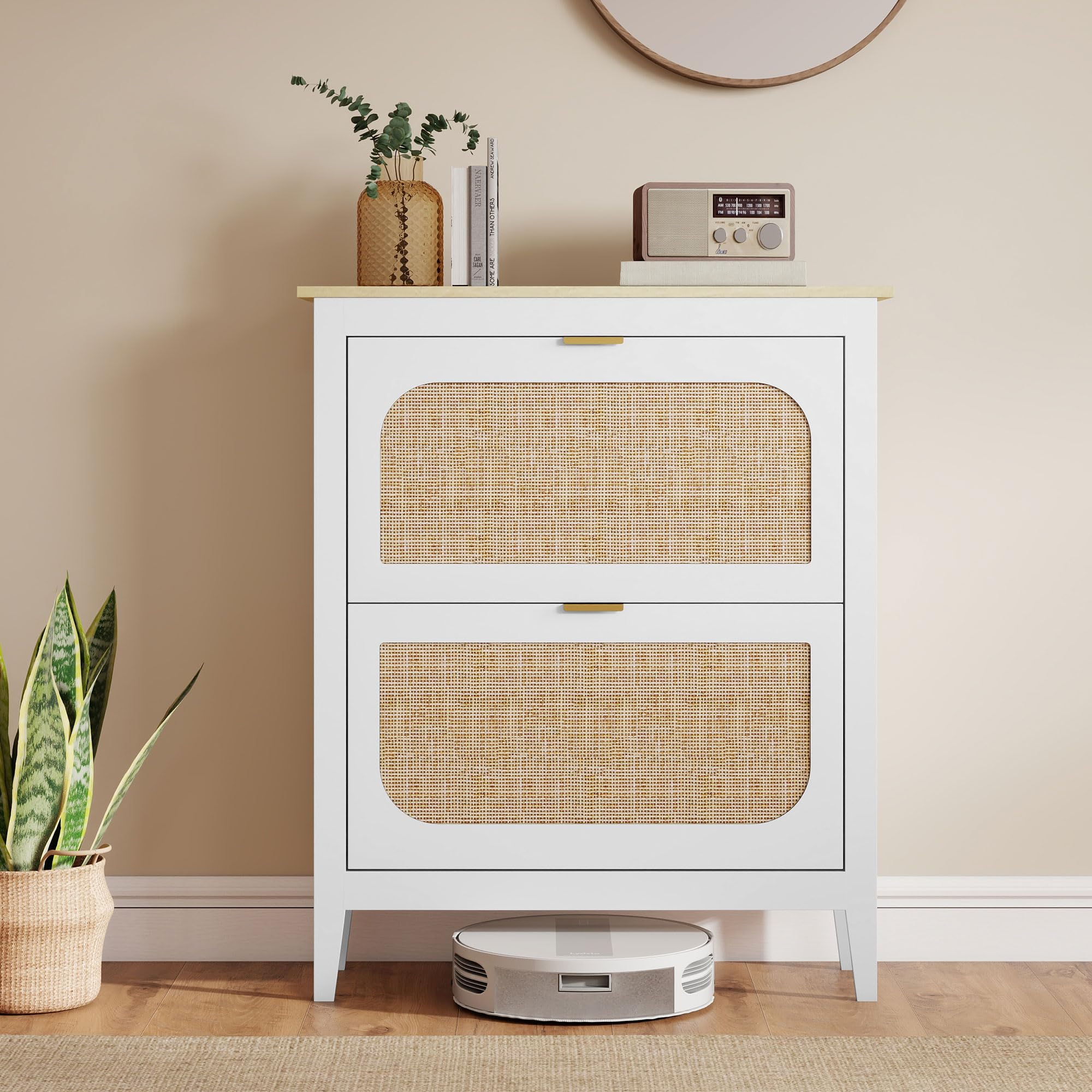 HOMCOM Scarpiera Salvaspazio Slim con 2 Ante a Ribalta Stile Boho in Rattan Scarpiera Ingresso con Ripiani regolabili a 2 livelli Porta Scarpe per 14 paia con maniglia, 80x24x95.5 cm, Bianco