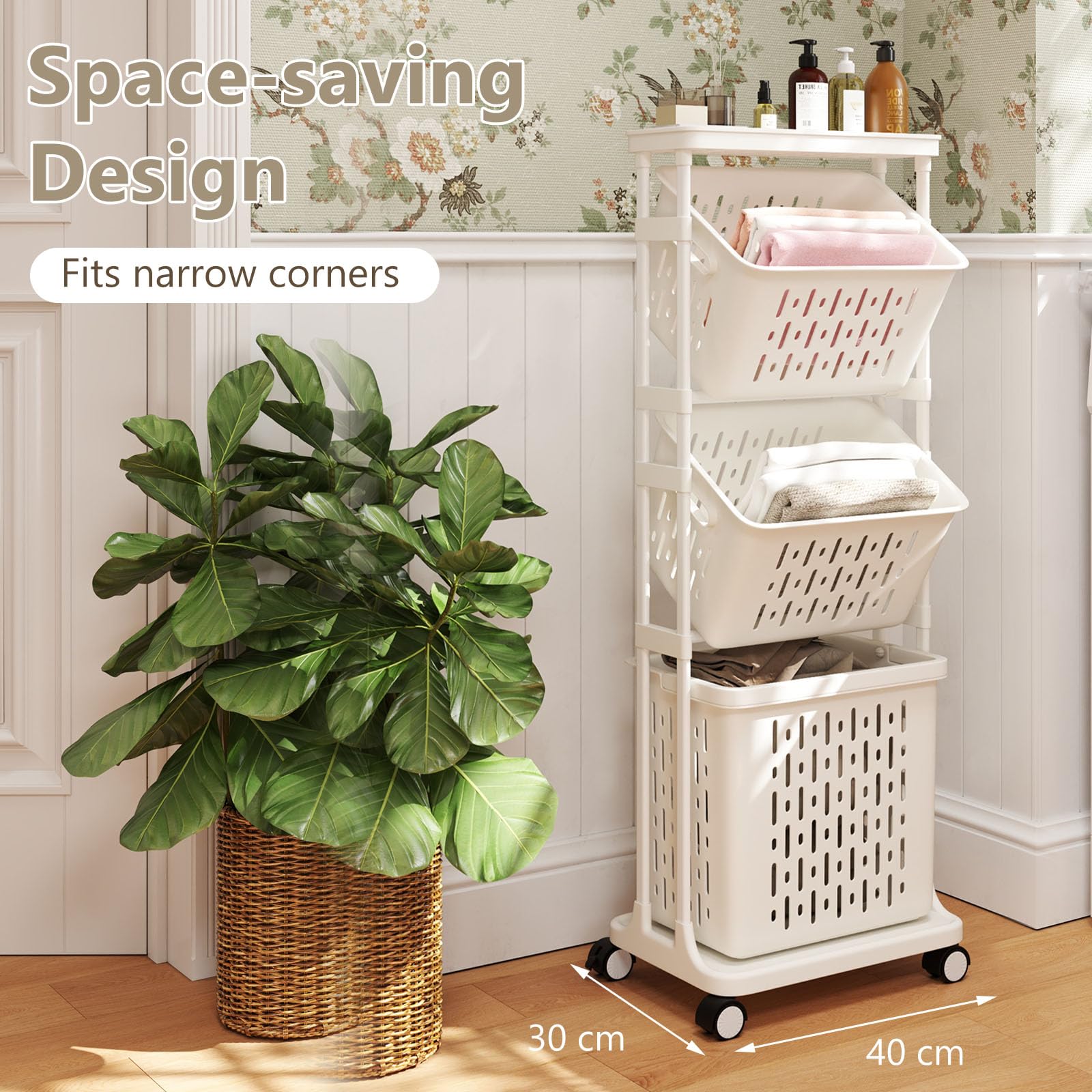 LIFEZEAL Cesto Portabiancheria, con Routi, Portabiancheria Sporca, 3 Scomparti, Cesto Biancheria Sporca, con Manici e Ripiano, Carrello Portabiancheria, Laundry Basket, carrellino in Plastica, Bianco