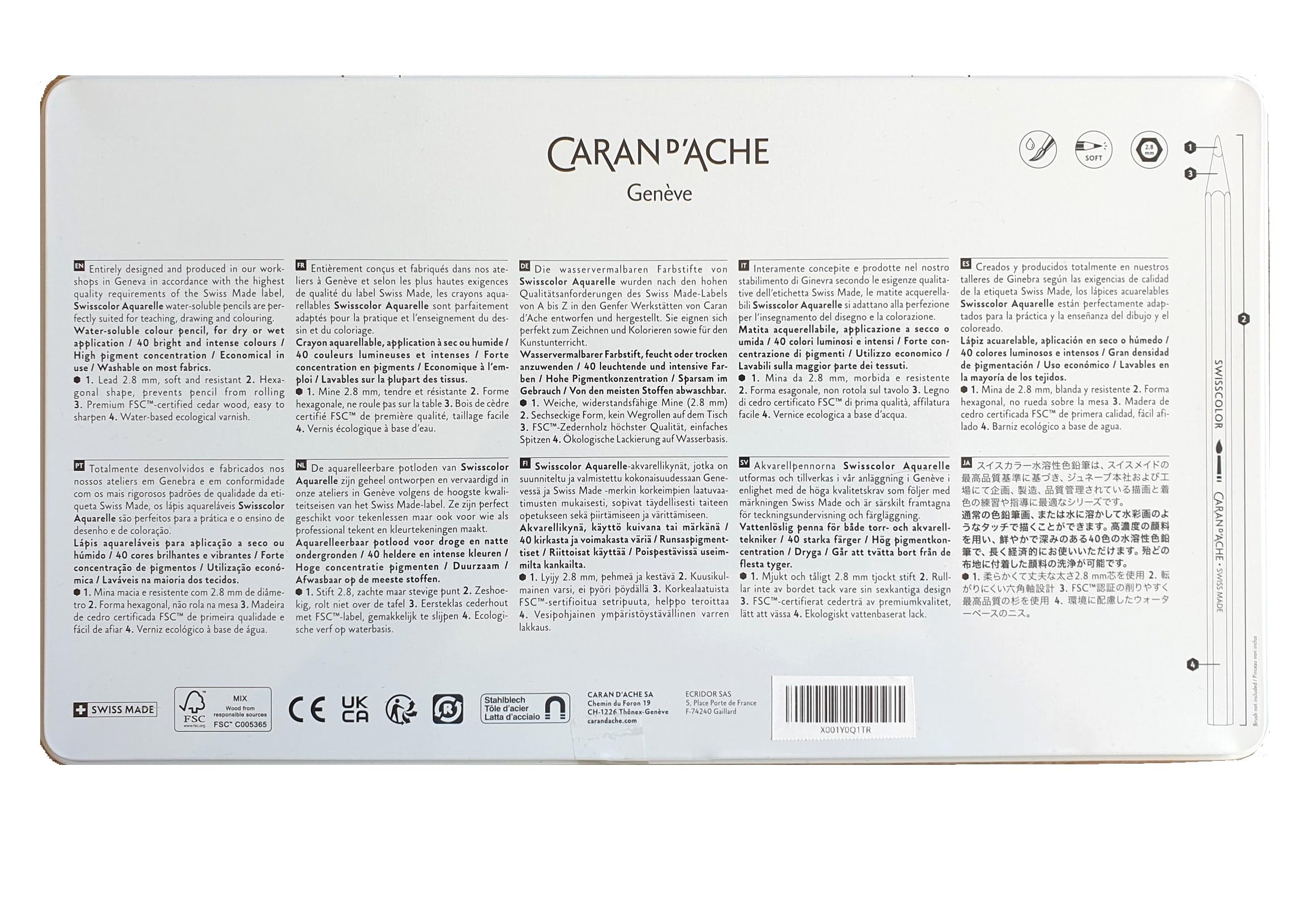 Caran D'ache Swisscolor - Matite acquerellabili in scatola di metallo, confezione da 40 pezzi e 2 carte