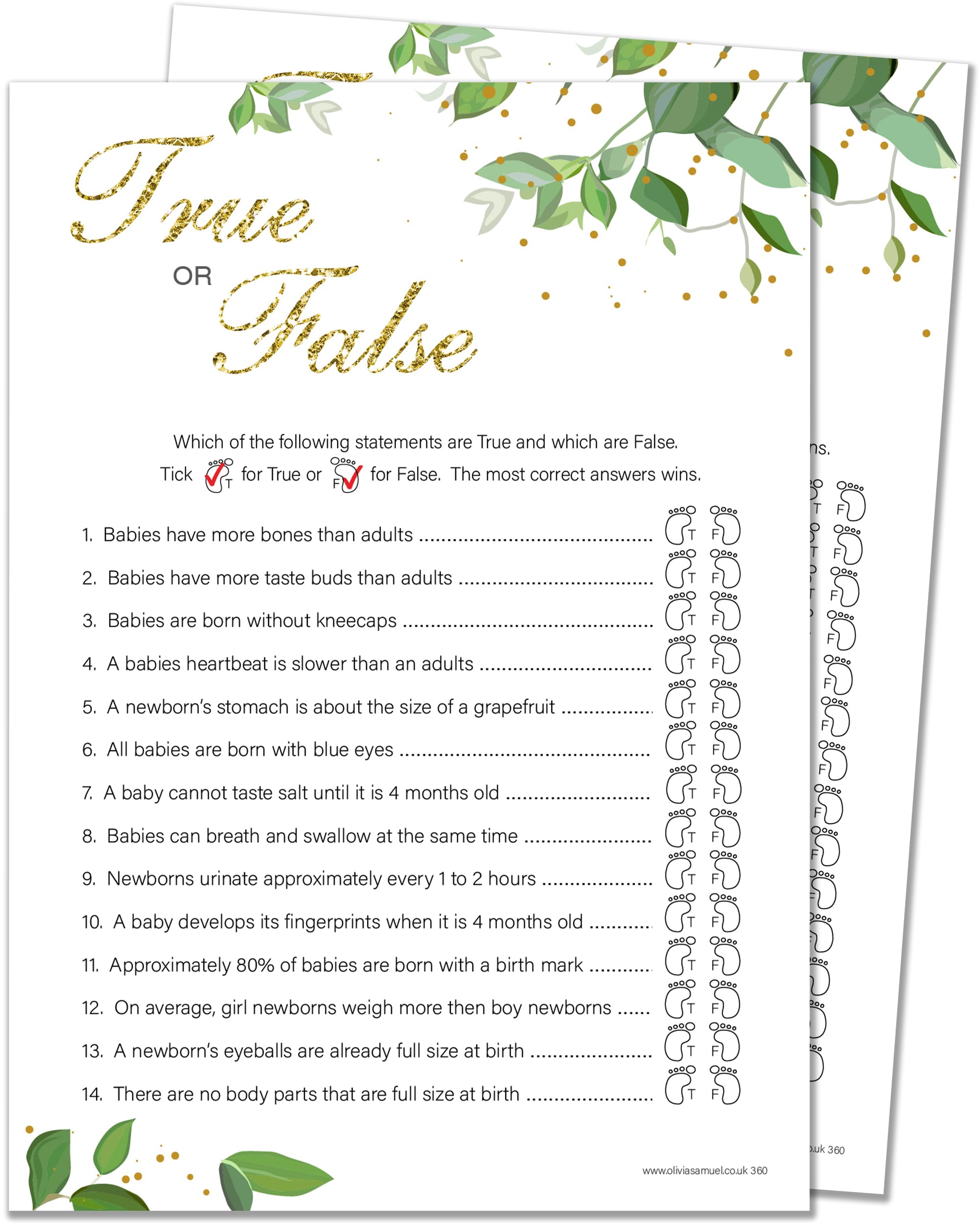20 x True or False Baby Shower Game - Botanicals Design (20 Guest Cards + 1 Card of Answers for The Host + Winner Certificate)