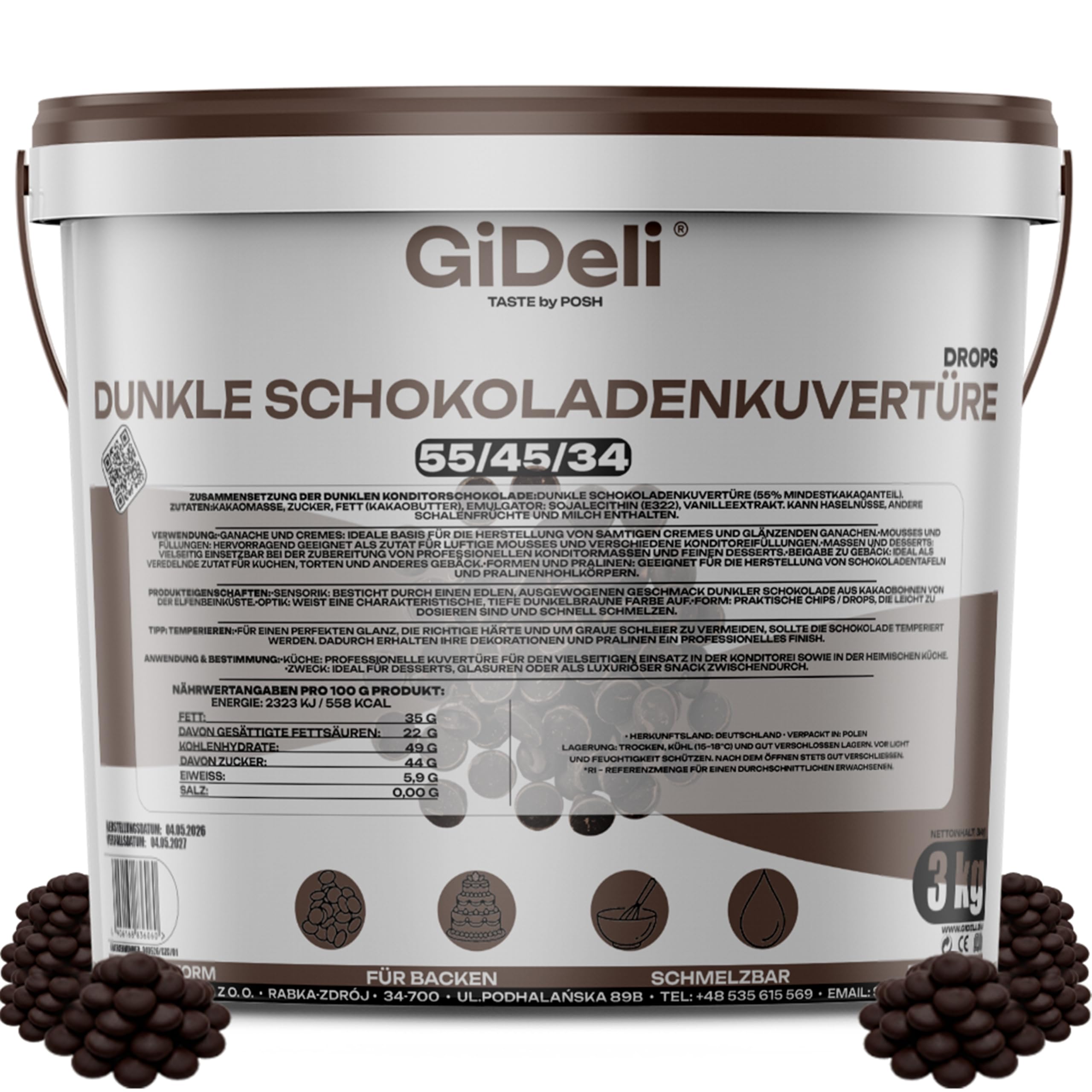 GiDeli Dunkle Schokoladenkuvertüre 55% Drops 3kg im Eimer - Professionelle Zartbitterschokolade zum Temperieren - Kakao von der Elfenbeinküste - Einfache Dosierung - Ideal für Pralinen & Ganache