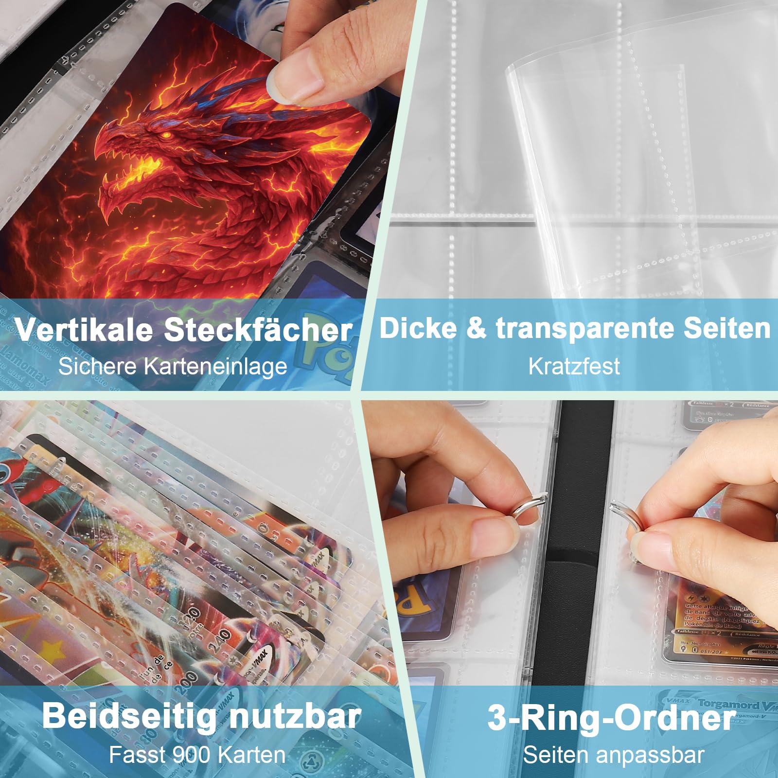 Classeur Carte 900 Cartes, 50 Pages Album Cartes Binder pour TCG | Portable, Cuir PU Imperméable, Fermeture éclair et Classeur à 3 Anneaux, Pour Cartes TCG et Cartes de Sport