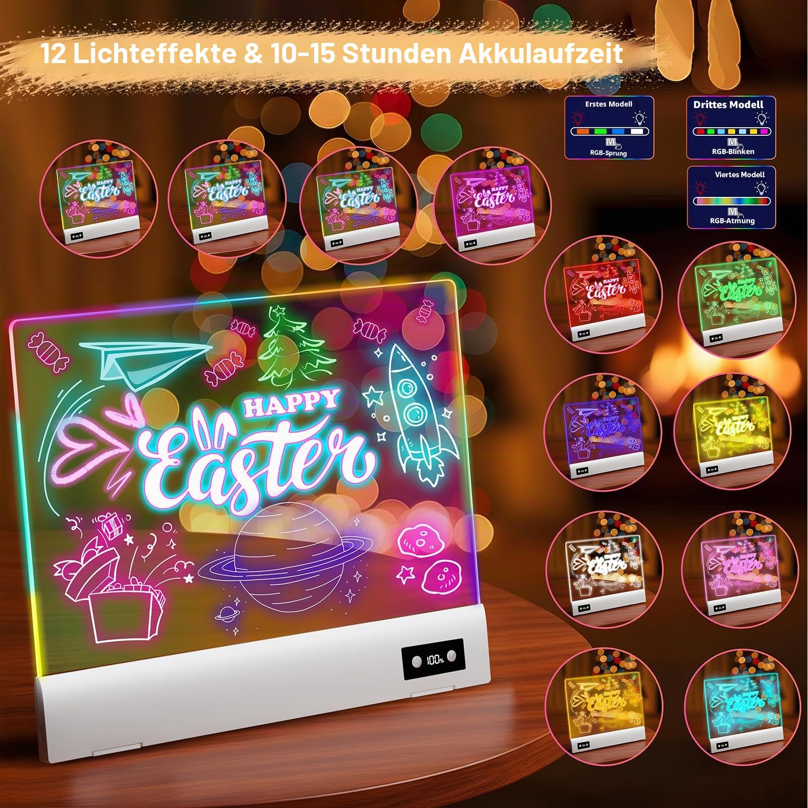 16 Zoll LED Zeichenbrett, Wiederaufladbares Leuchtpult mit 1500mAh Akku, Prozentanzeige, 12 Modi Leuchttafel für Kinder, Abwischbares Acryl Memo Board mit 12 Markern