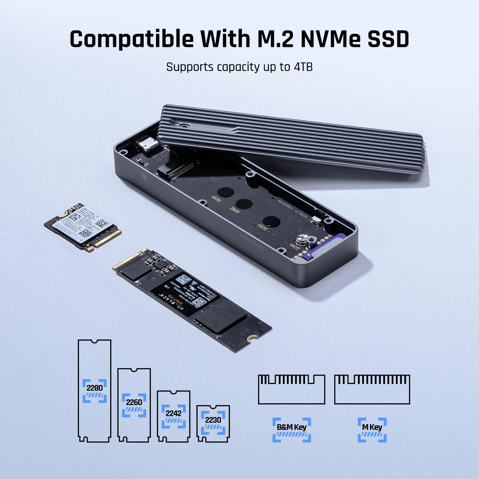 DOCKCASE Smart Case SSD M2 Protezione di Alimentazione di 10s, Rilevamento della salute dell'SSD, Doppie Porte USB-C 3.2 Gen 2 (10Gbps) NVMe Case Supporta NVMe SSD fino a 4TB