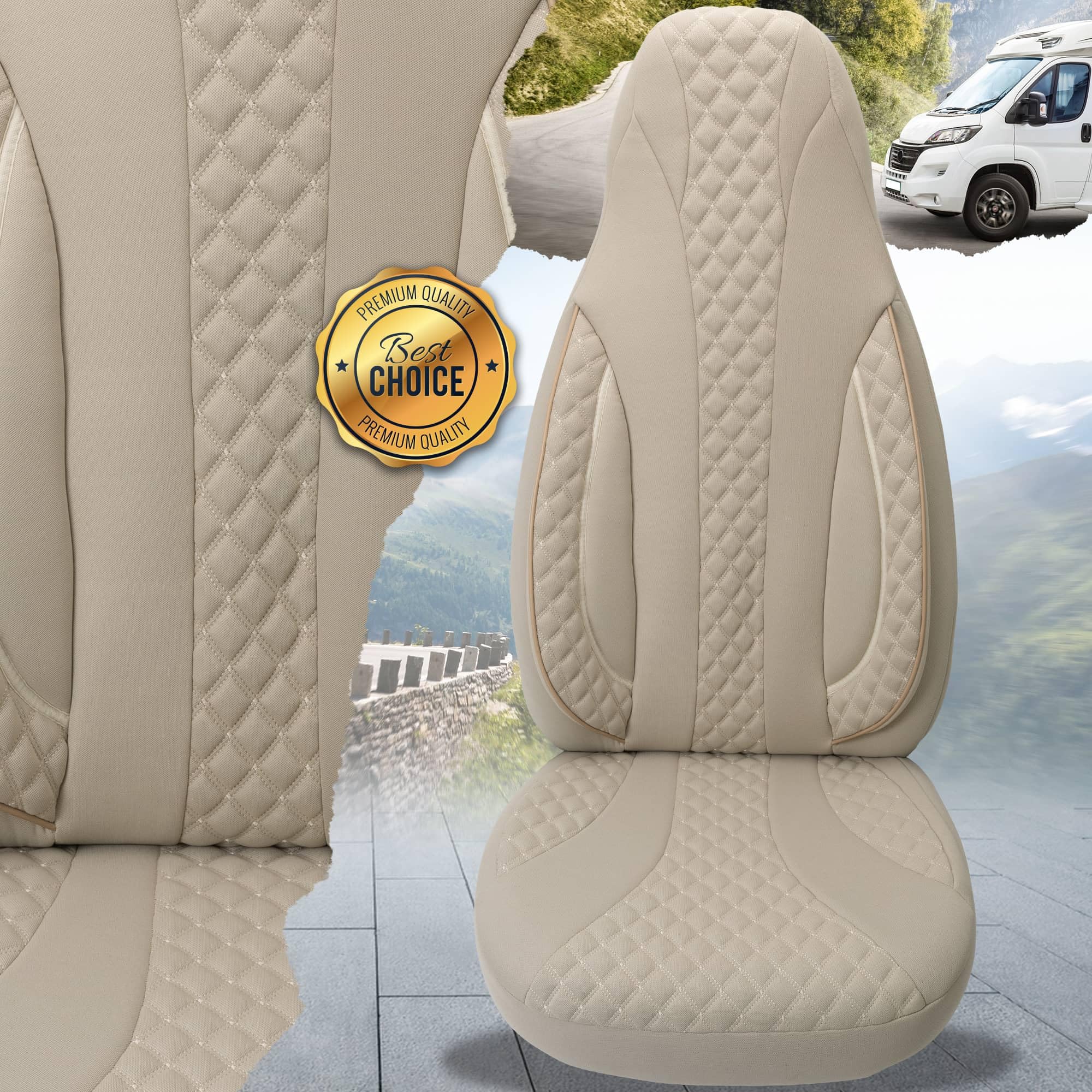 Maß Sitzbezüge Schonbezüge Pilotsitze Fahrer & Beifahrer Set kompatibel mit Wohnmobil FIAT Ducato, Pössl, Knaus, Adria, Carthago, Pilote Laika WPL405 Beige