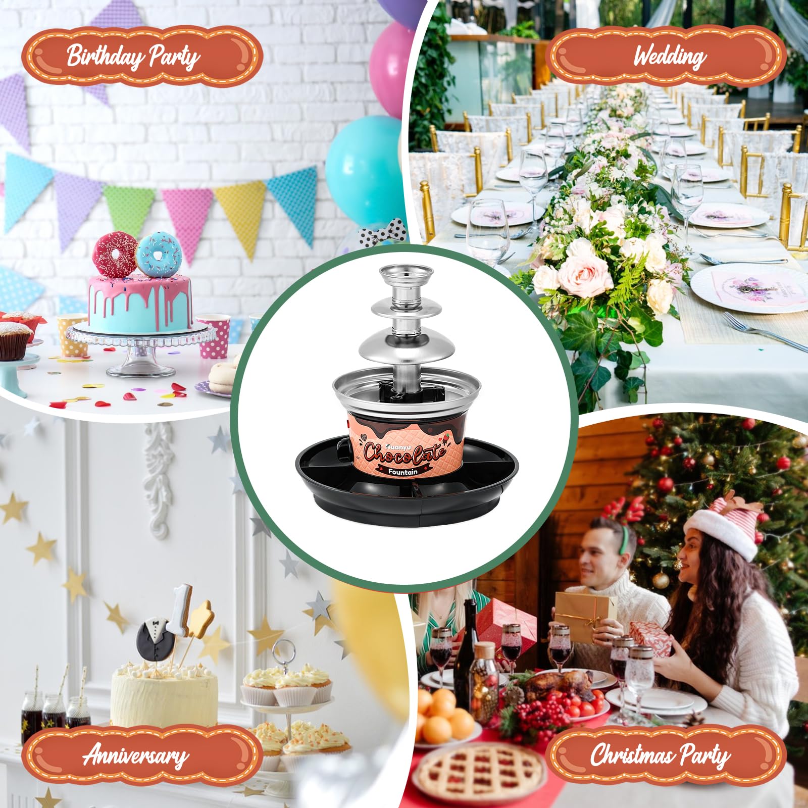 Huanyu Fuente de Chocolate de 3 niveles 10 pinchos de bambú Bandeja extraíble 450g Mini Chocolate Fondue Fuente para Fiesta Cumpleaños Boda Chocolate Nacho Queso Salsa Barbacoa Licores (negro)