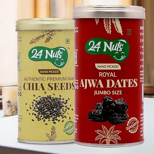 Premium Daily Needs Fresh and Healthy Dry Fruits of Jumbo Size Premium Raw Chia Seeds & Ajwa Dates Combo Pack 500gm (Tin Packaging (250g X 2)