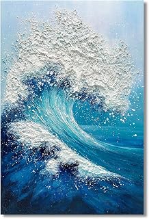 JUHOME Large Abstract Blue Ocean Wave Wall Art,24x36 Hand-Painted Canvas with White Textured Waves, Textured Vertical Painting for Living Room, Bedroom, Office, Coastal Wall Decor