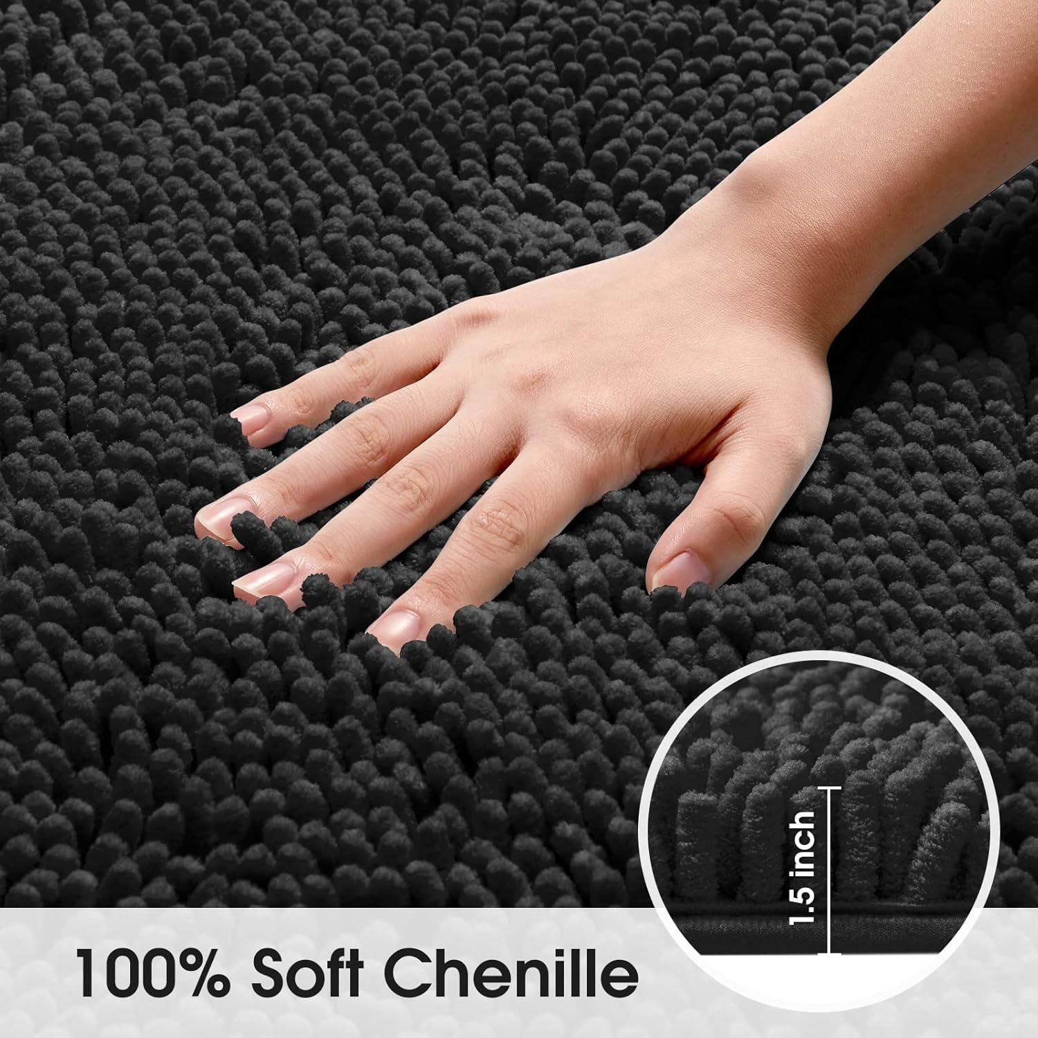 HOMEIDEAS Bathroom Rug Runner Black 17x47 inch, Ultra Soft and Absorbent Non-Slip Long Bath Rug, Thick Chenille Plush Machine Washable Shower Floor Carpet - Image 4