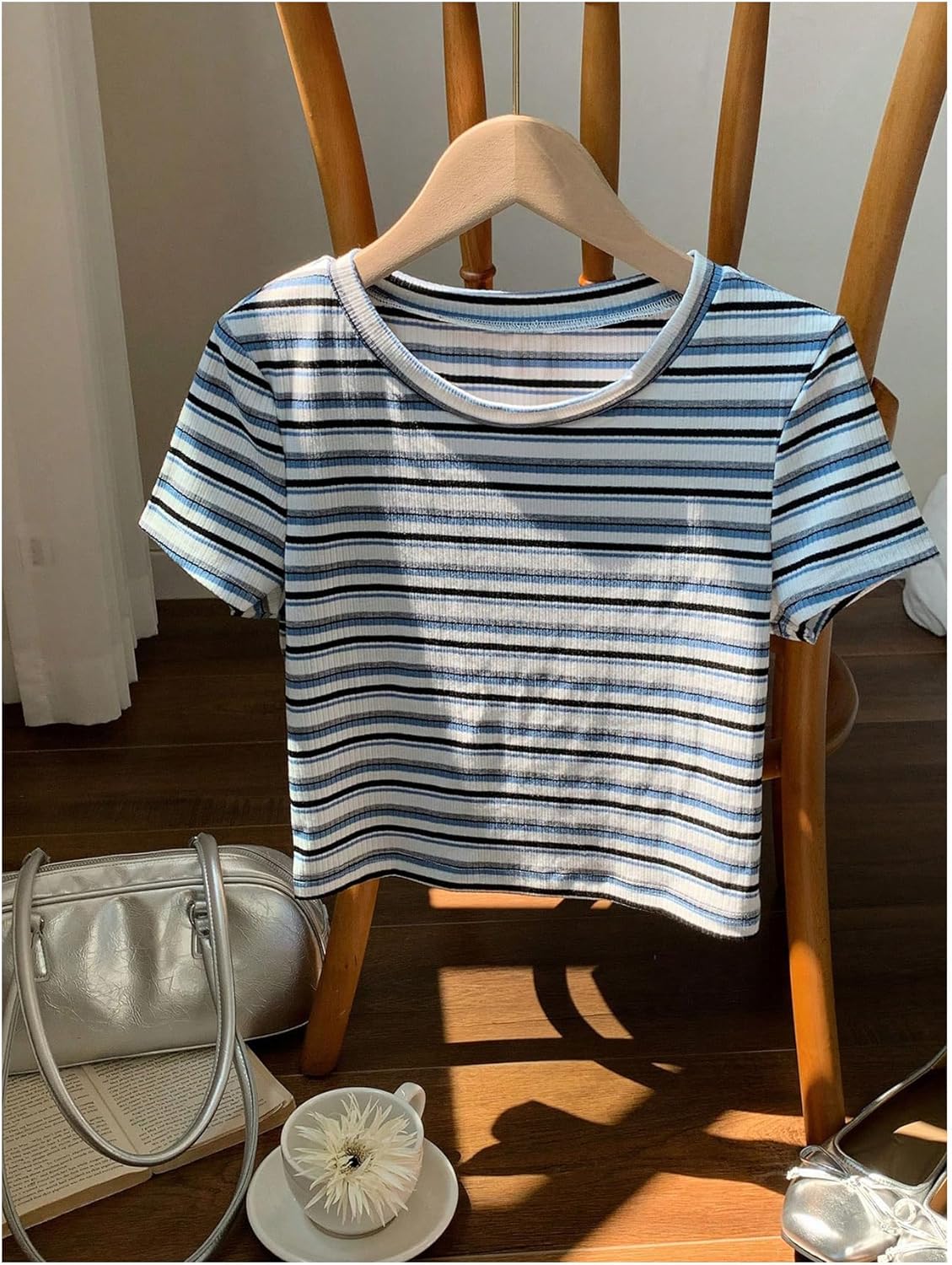 Women's Striped Colorblock T Shirt Short Sleeve Crew Neck Ribbed Knit Crop Tops - Image 5