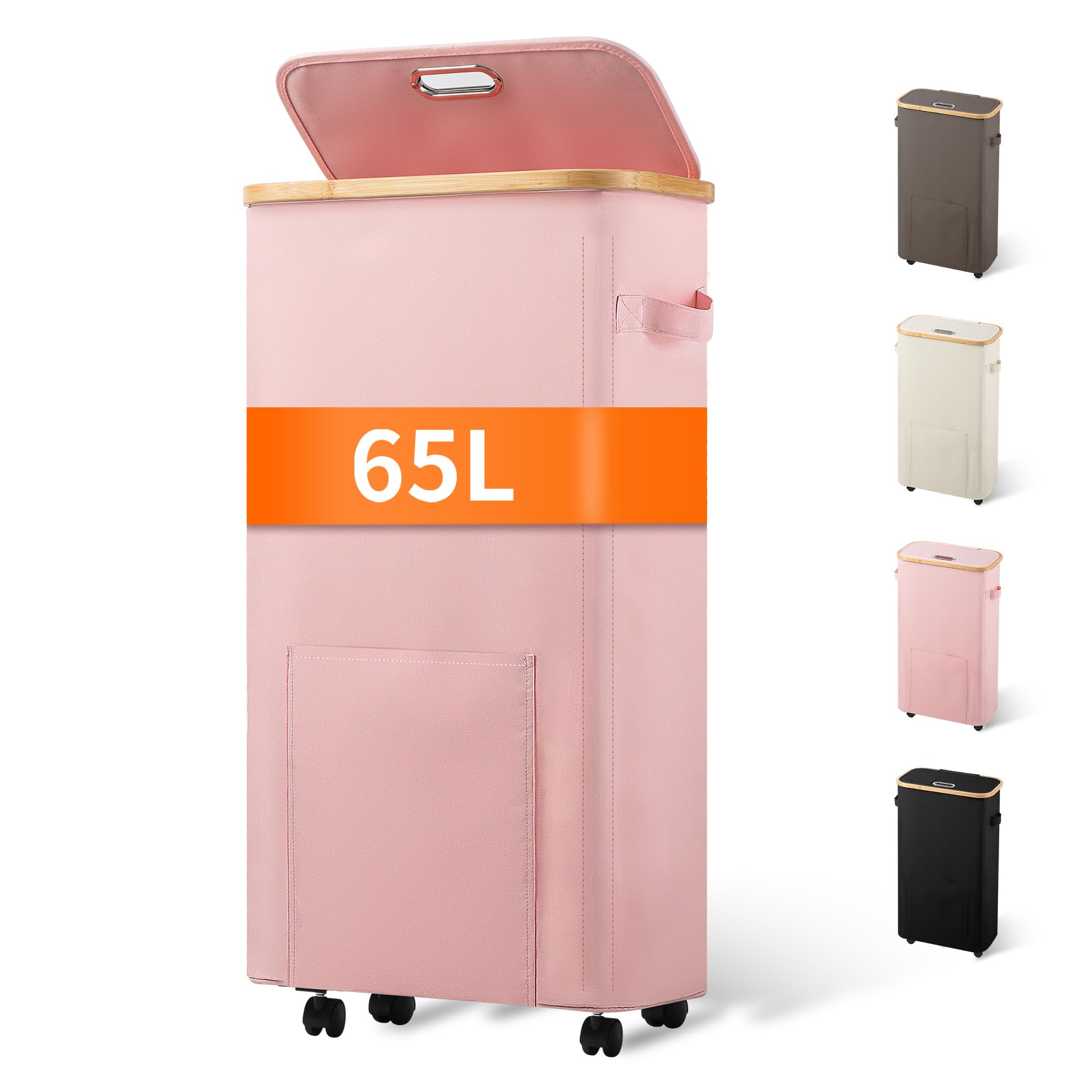 Vincona Laundry Basket with Wheels, Tall Dirty Clothes Hamper on Wheels, Rolling Laundry Hamper with lid for Dorm, Bedroom and Bathroom (Pink, 65L)