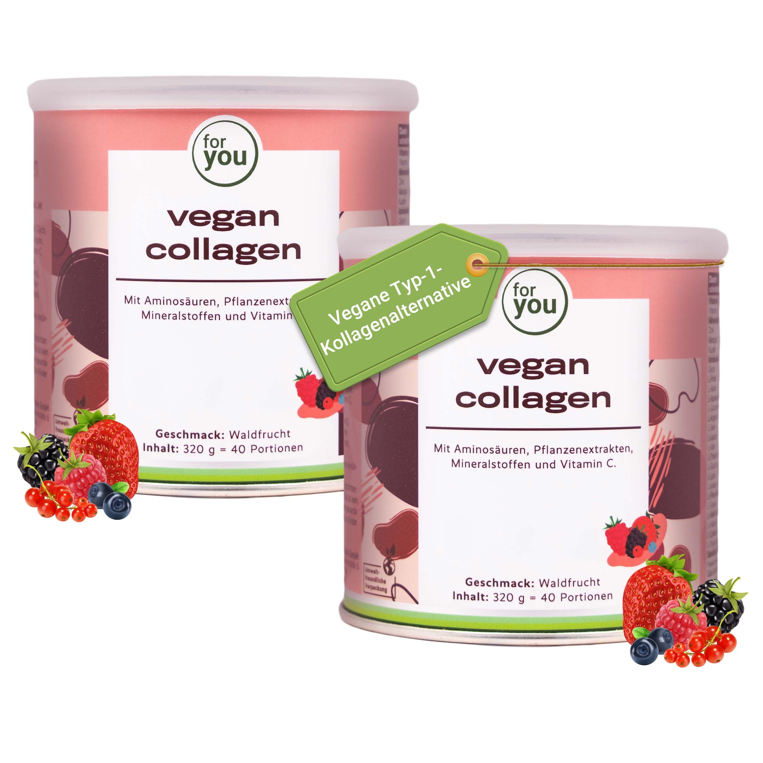 for you vegan collagen Pulver Waldfrucht + Hyaluronsäure Doppelpack - Enthält vegane Typ-1-Kollagenalternative VeCollal®, ohne Zucker, mit Biotin, Vitamin C, Zink & Silizium – für Haut, Haare & Nägel