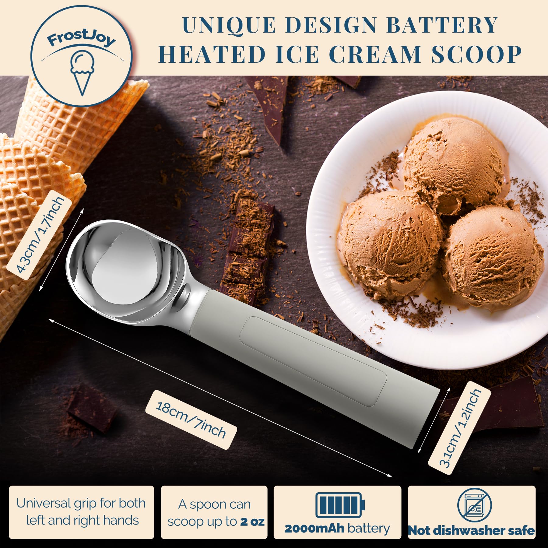 Cuchara de helado calentada recargable, cuchara eléctrica para helado con pantalla LED, se calienta a 70.0 °C para helados duros, fácil para personas mayores y niños, impermeable IP67 (gris, 2 onzas)