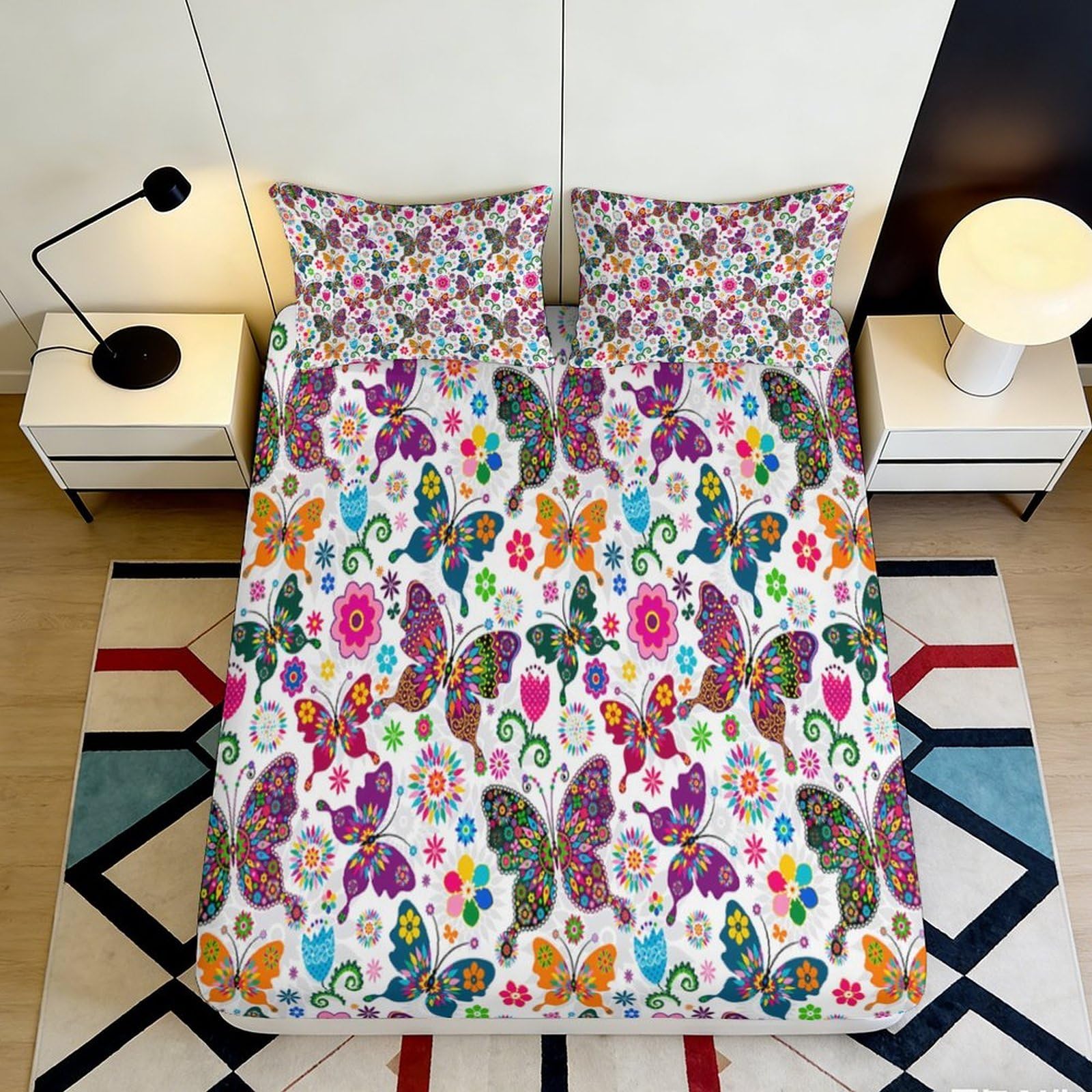 3D Printed Colorful Butterfly Fitted Sheet Microfiber Soft Breathable Floral Bed Cover for Bedroom Dormitory Guest Room Mattress Protection 120x200x25cm