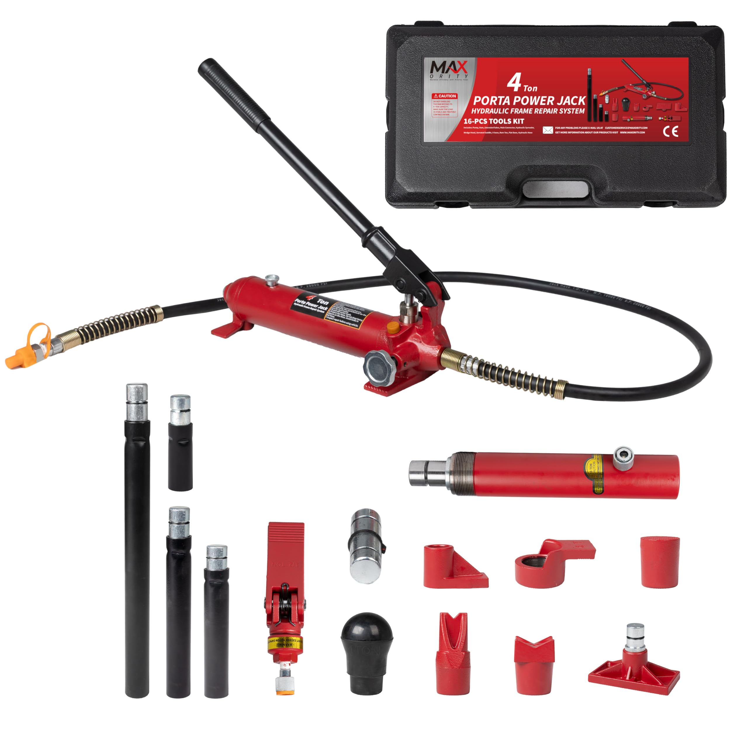 4 Ton (8800 lbs Capacity) Porta Power Jack Hydraulic Ram Auto Body Frame Collision Repair Kit Set, 16-Pcs, with Blow Mold Carrying Case for Cars, Trucks, SUVs & More
