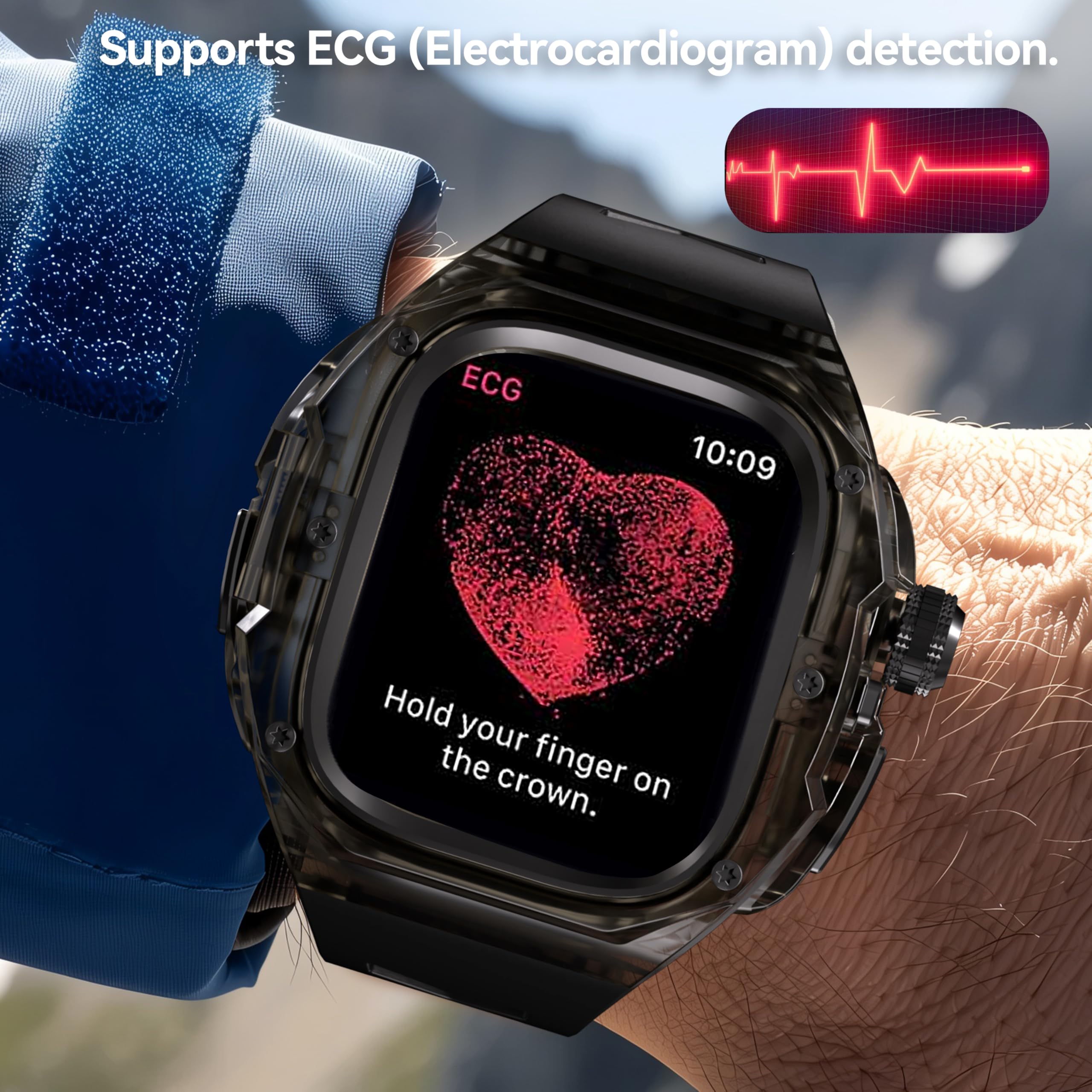 Przezroczyste, designerskie wytrzymałe etui z paskiem kompatybilne z Apple Watch Ultra 3/Ultra2 49 mm, krystalicznie czysta wojskowa osłona ochronna, zderzak taktyczny pasek iWatch Ultra