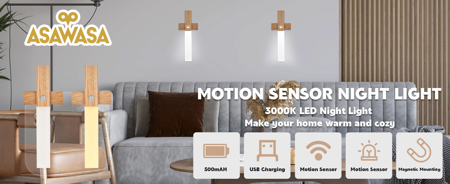 Image of ASAWASA Motion Sensor Night Lights, Under Cabinet Lighting,Magnet Body Hallway Lamp, Rechargeable Battery Powered LED Wall Sconces, Portable for Stairway Kitchen Bedroom Restroom Closet(2 Pack)