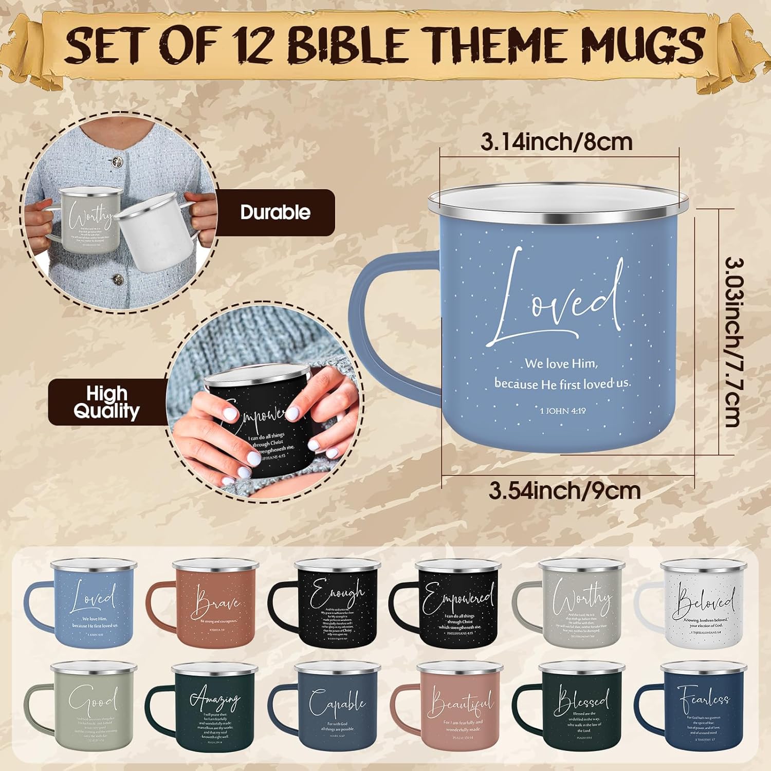 Mifoci 12 Pcs Christian Enamel Coffee Mugs Bulk 12 oz Bible Verse Coffee Mugs with Handle Religious Inspirational Cups for Women Men Church Sunday School Coworkers Gifts (Bible Words,Boho Color) - Image 2