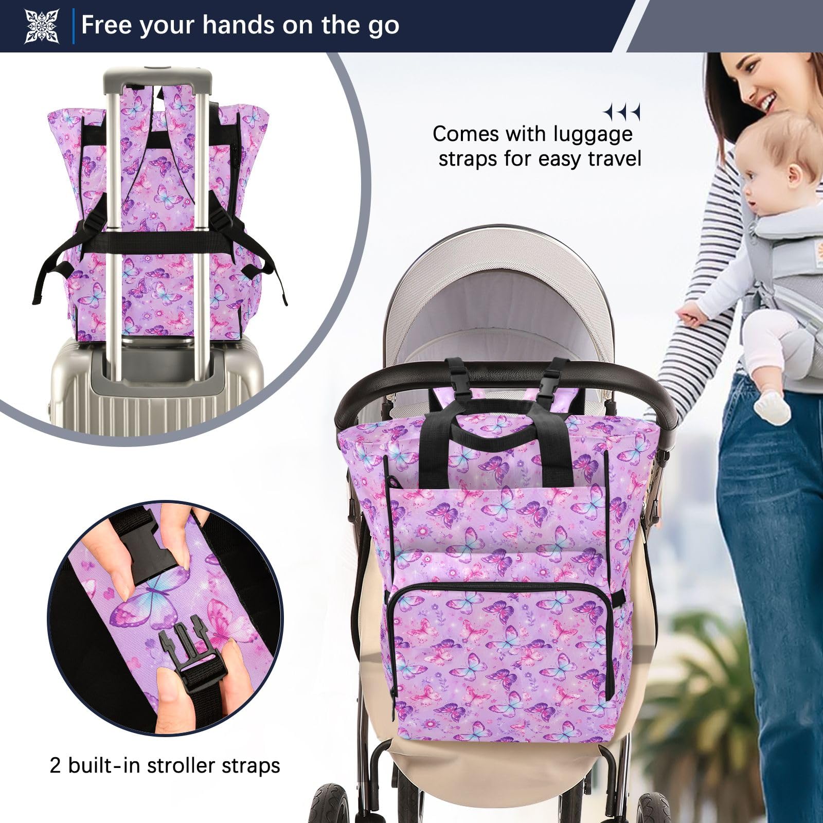 Mnsruu Mochila para pañales de bebé, diseño de flores de mariposa, bolsa grande, impermeable, bolsa de pañales de viaje para mamás y papás