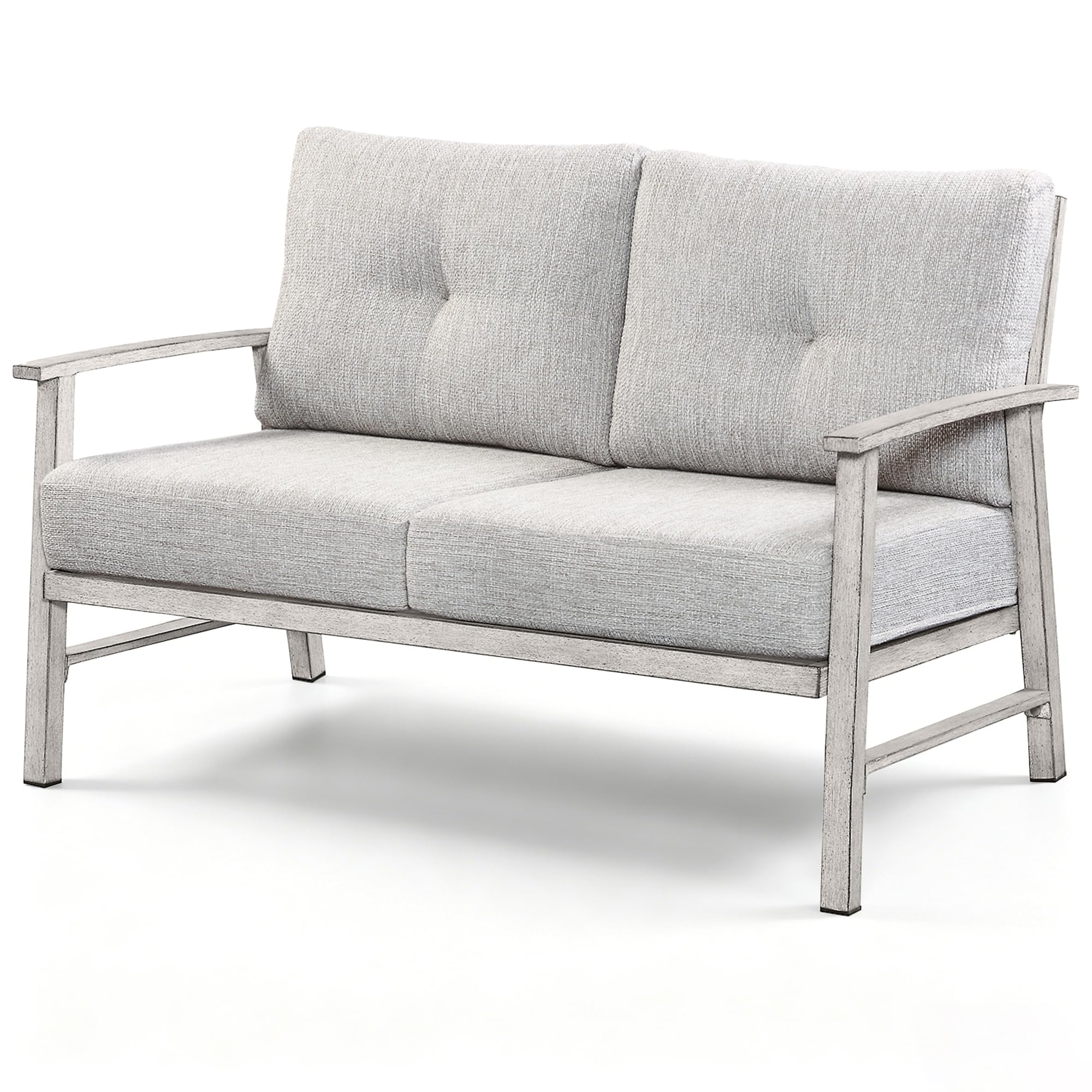 Patio Furniture Loveseat Sofa, Outdoor Aluminum Patio Couch with 5.9'' Soft Cushion, All-Weather 2 Seats Outdoor Furniture Sofa Couch for Garden, Poolside, Lawn, White Oak