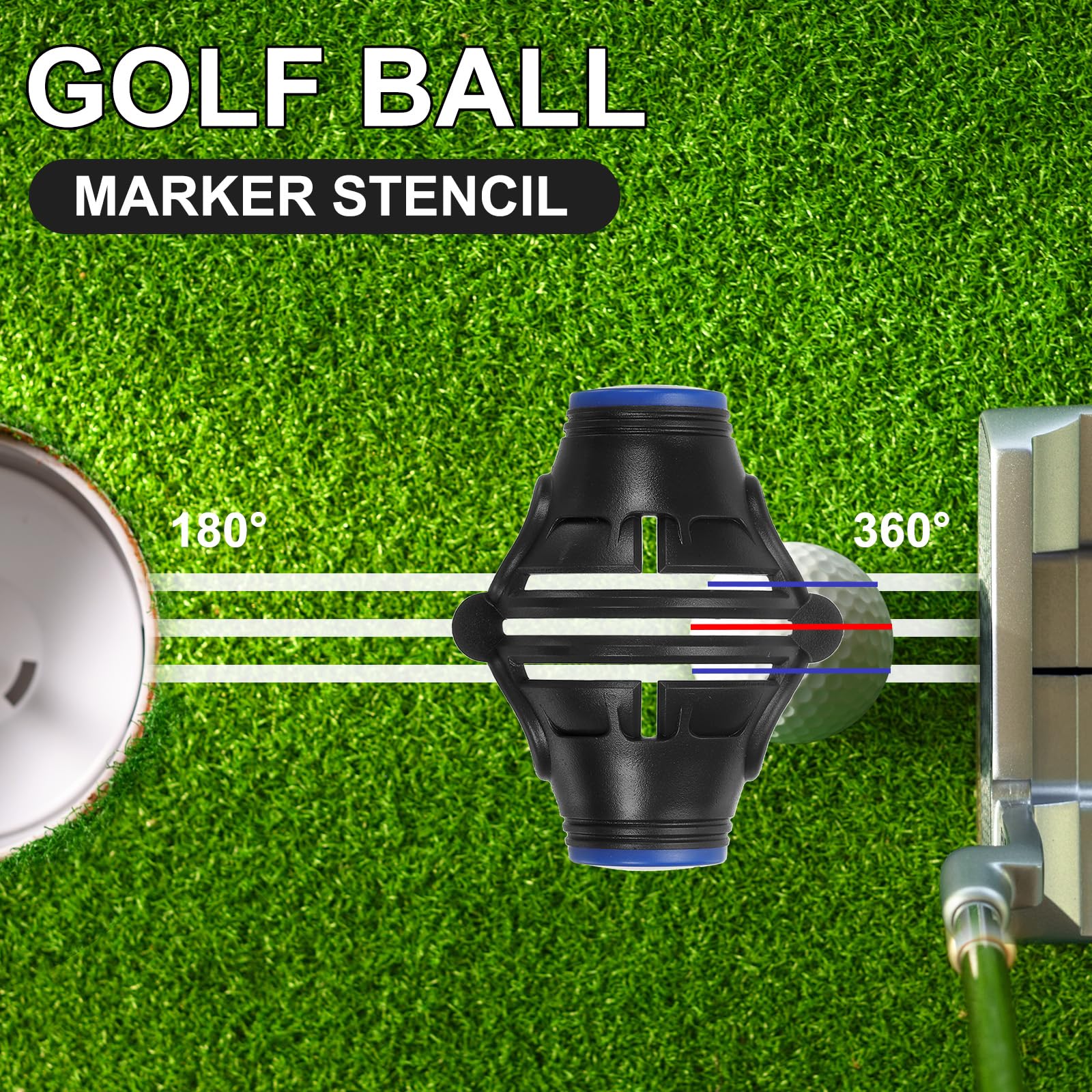 PATIKIL 2 Pz Golf Ball Marker Stencil 360 Gradi Triple Track Golf Ball Alignment Marking Tool Line Drawing Marker per Uomini Donne, Nero/Blu