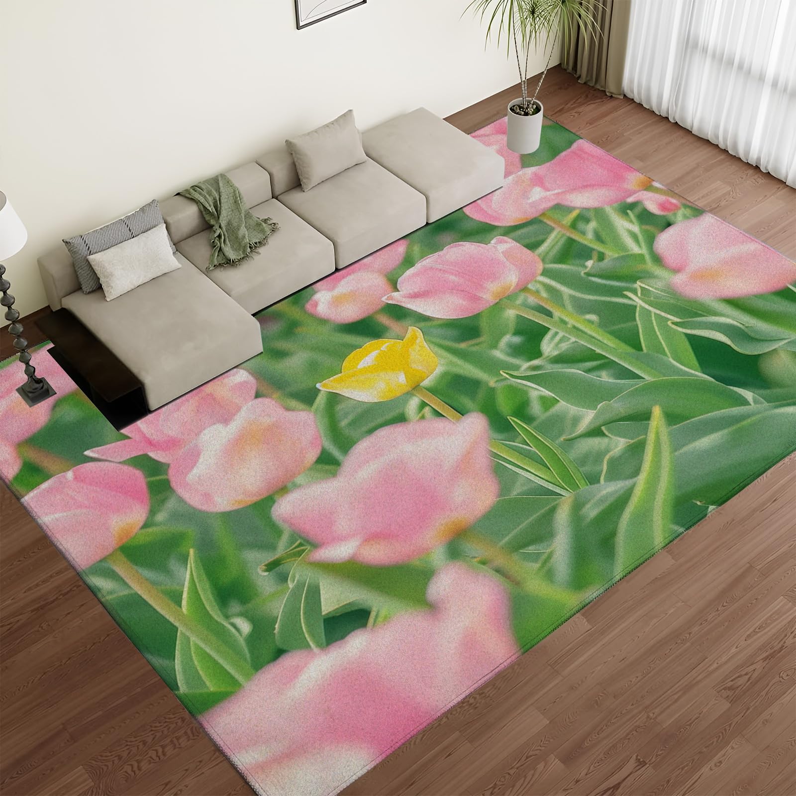 Tapis salon lavable 150x210cm à motif de tulipes roses et poil court