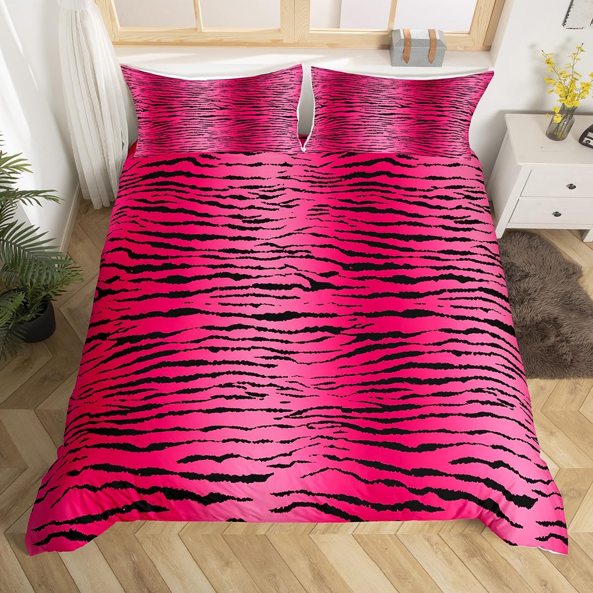 Homemissing Girls Pink Black Kids Comforter Cover Double, Zebra Stripes Bedding Set for Boys Girls Safari Animal Print Duvet Cover Zoo Animal Print Bedspread Cover Microfiber Quilt Cover 3Pcs