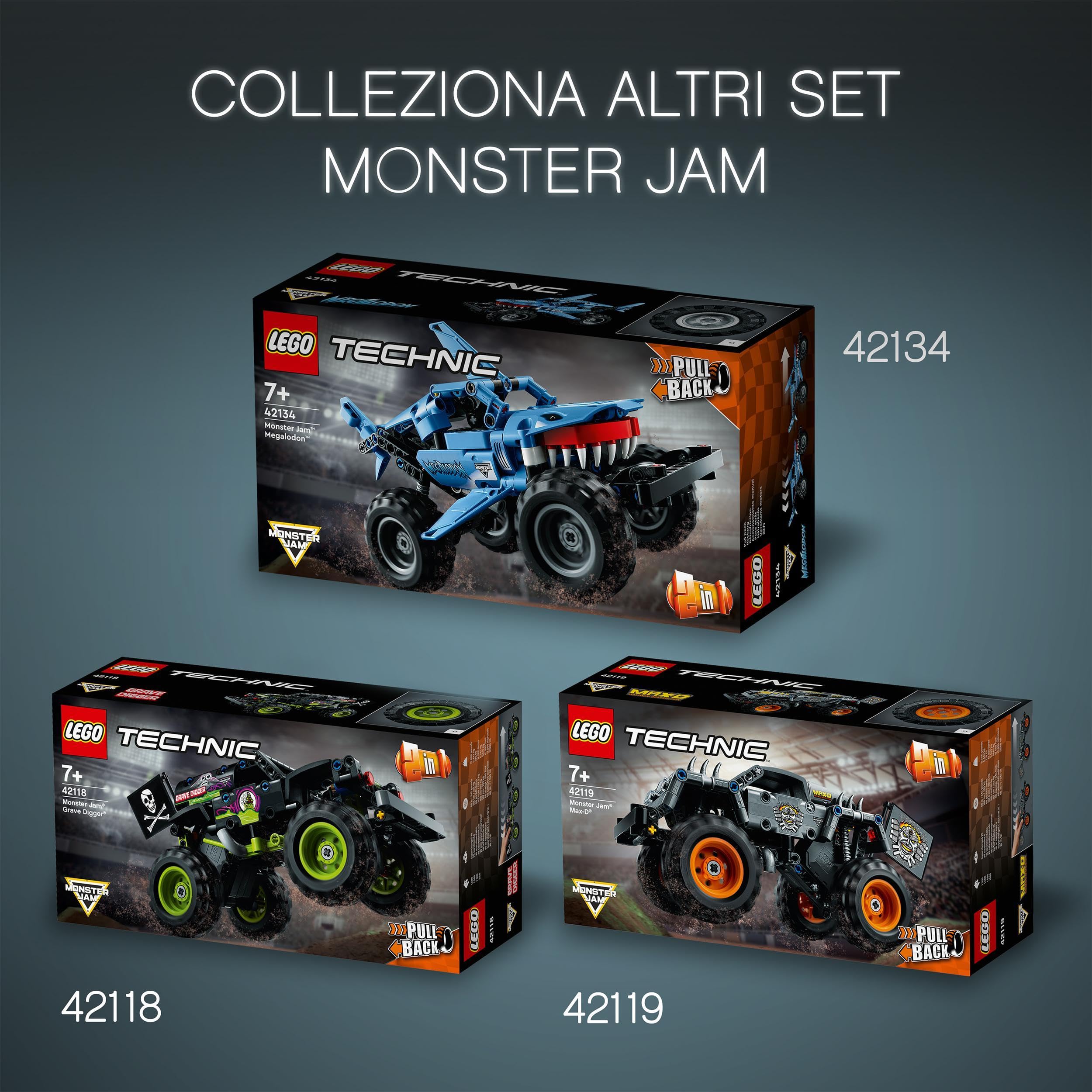 LEGO Technic Monster Jam El Toro Loco, Set 2 in 1, Camion Giocattolo da Costruire che si Trasforma in Macchina, Giochi per Bambini e Bambine da 7 Anni in su, Veicolo con Funzione Pull-Back 42135